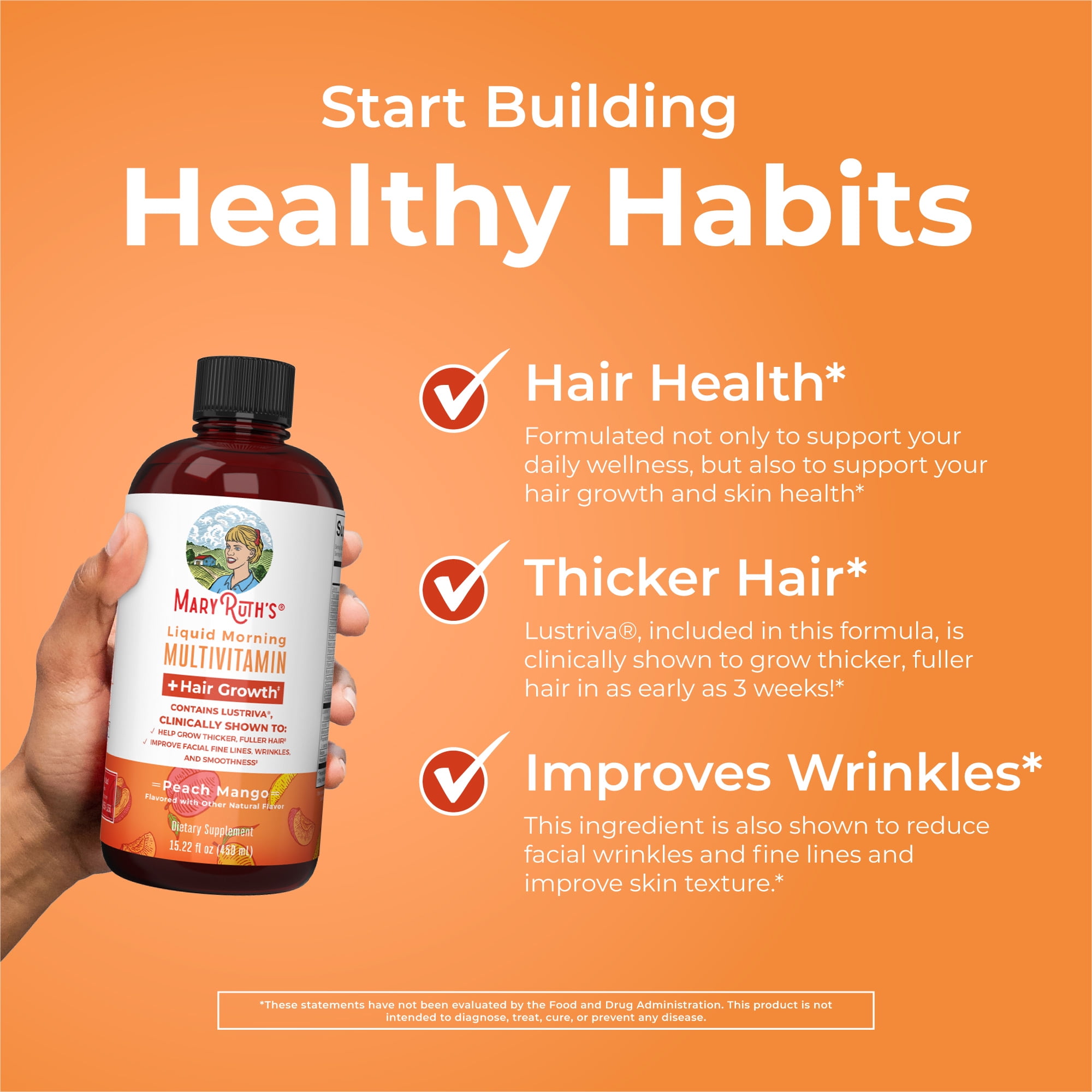 MaryRuth's Liquid Multivitamin with Lustriva® Hair Growth for Women | Biotin 10000mcg, Vitamin D, B Vitamins | Thicker Hair, Wrinkles, Fine Lines, Skin Care | Ages 18+ | 15 fl oz