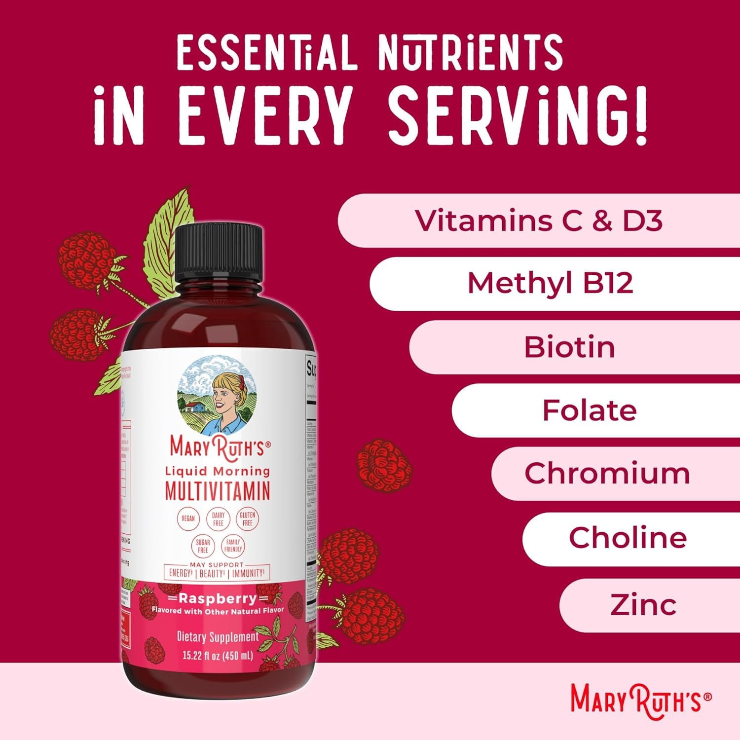 MaryRuths Liquid Morning Multivitamin for Adults and Kids Complete Daily Vitamins Raspberry 15.22 fl oz