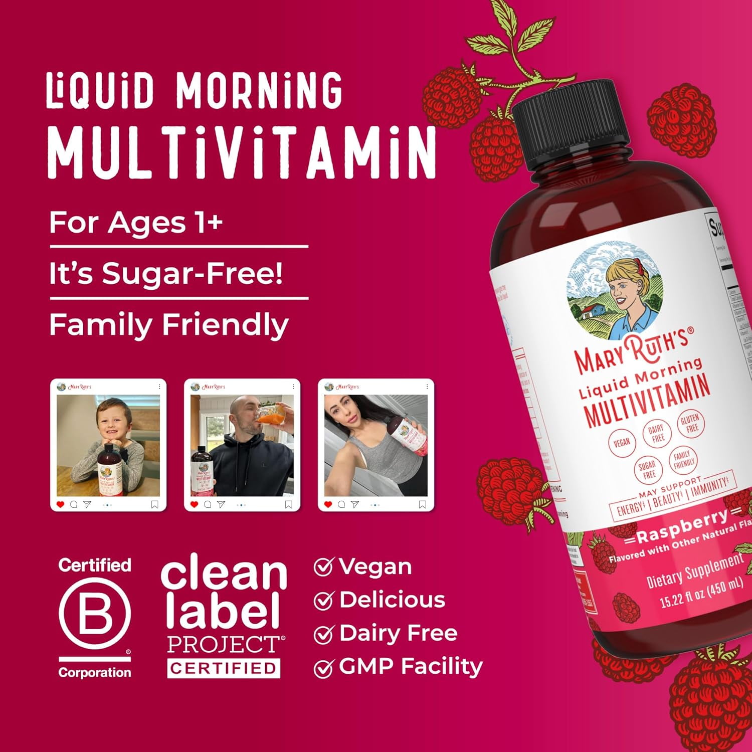 MaryRuths Liquid Morning Multivitamin for Adults and Kids Complete Daily Vitamins Raspberry 15.22 fl oz