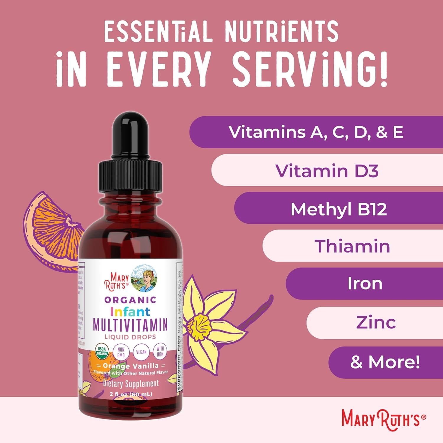 MaryRuth's USDA Organic Multivitamin Liquid Drops with Vitamin A C D Zinc Sugar Free Vegan Non-GMO 2 fl oz