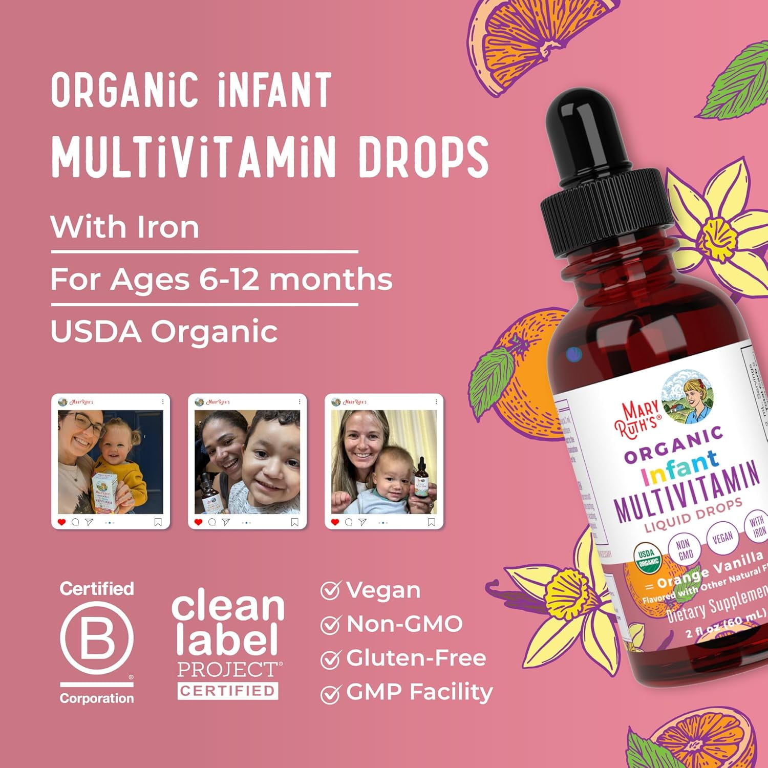 MaryRuth's USDA Organic Multivitamin Liquid Drops with Vitamin A C D Zinc Sugar Free Vegan Non-GMO 2 fl oz