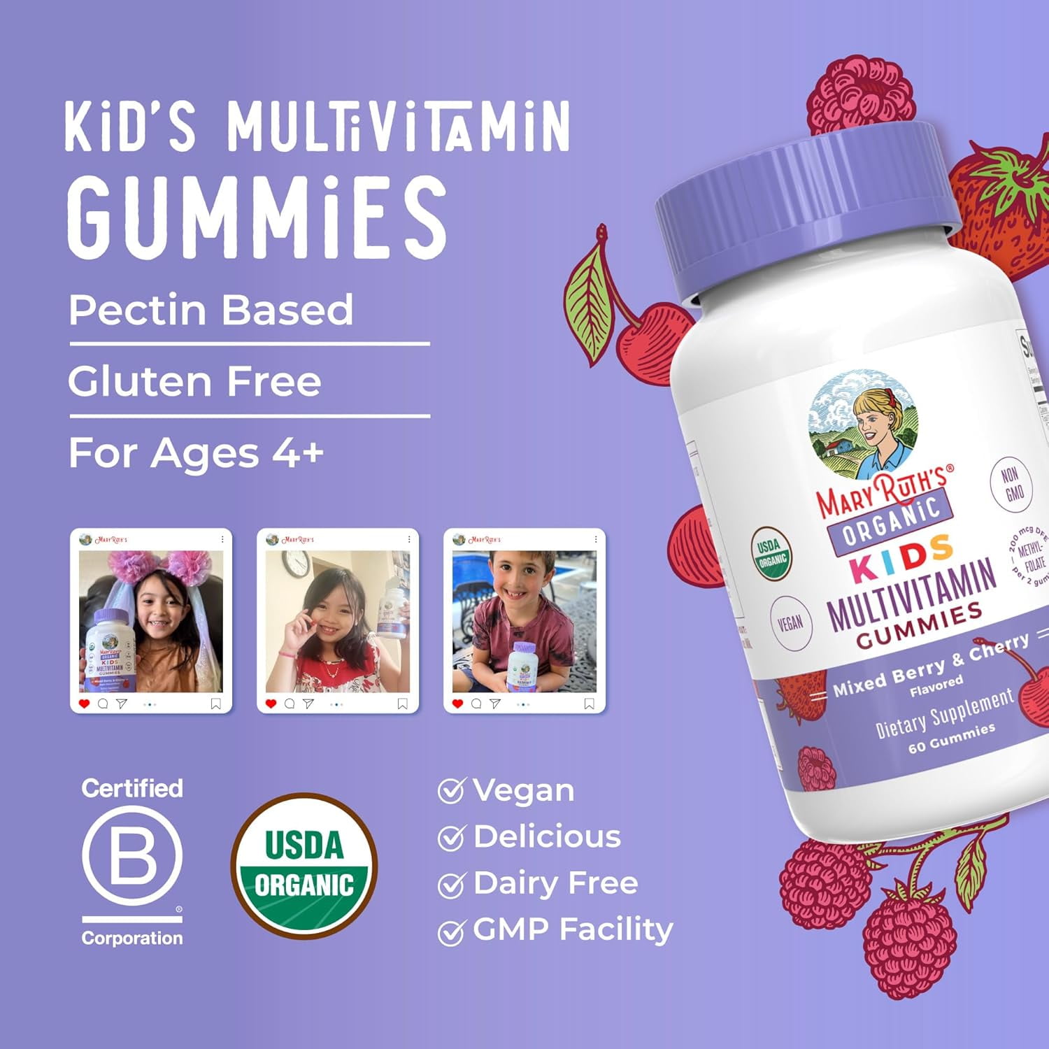 MaryRuth Organics Kids Multivitamin Gummies 60 Count for Ages 2+ - Vegan, 1-Month Supply - Only 2