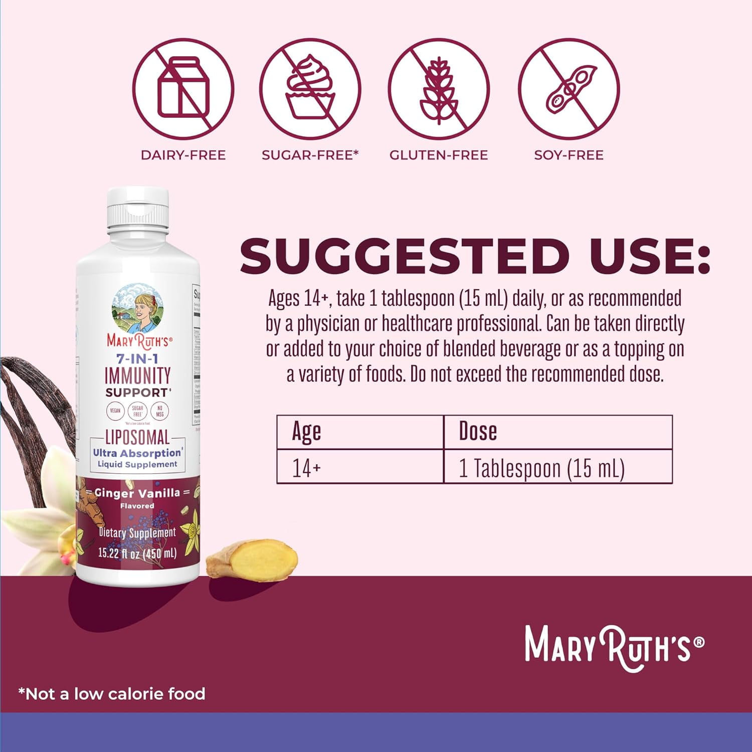 MaryRuth Organics 7-in-1 Immunity Support Liposomal Vitamin C D3 E Zinc Elderberry Echinacea Ginger 15.22 fl oz