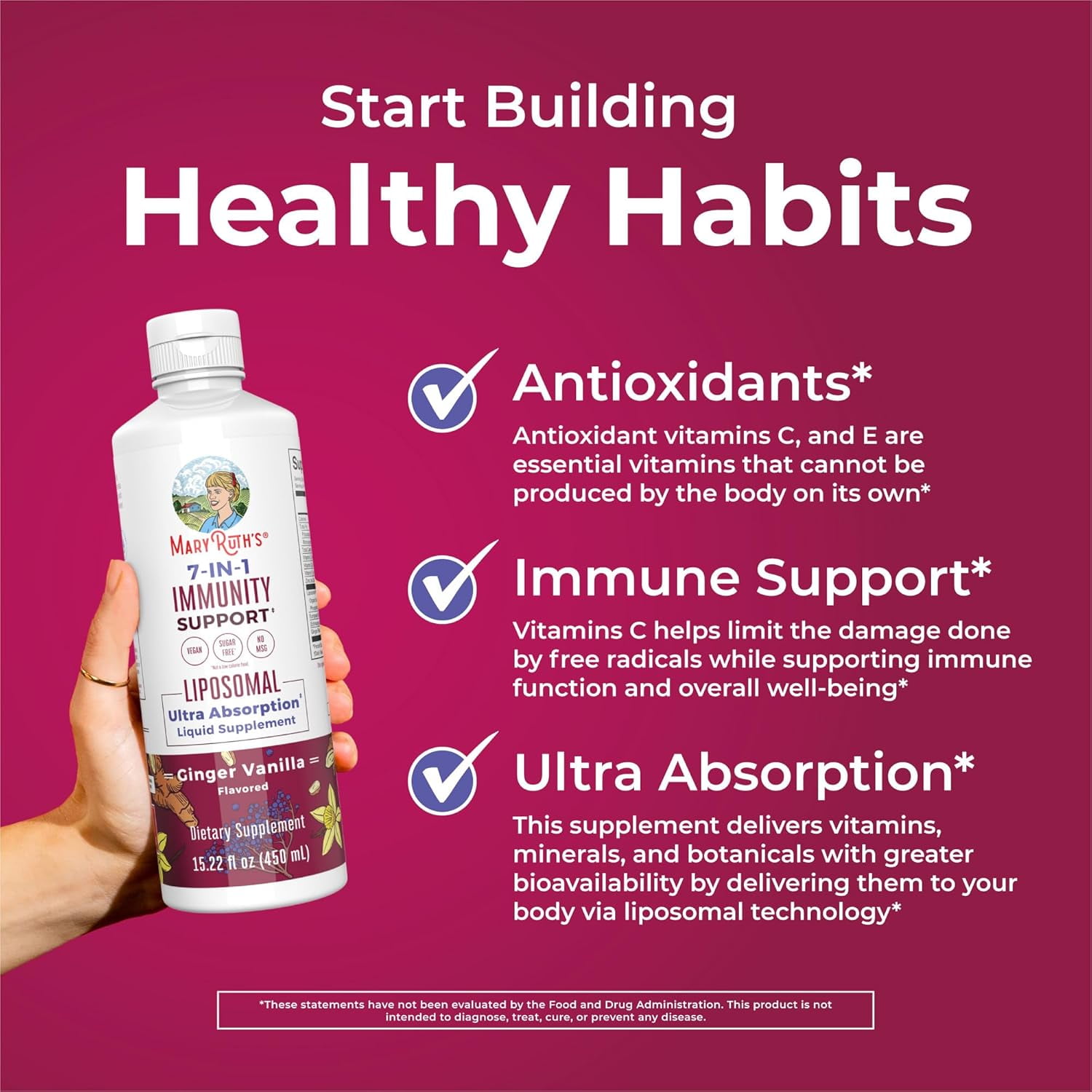MaryRuth Organics 7-in-1 Immunity Support Liposomal Vitamin C D3 E Zinc Elderberry Echinacea Ginger 15.22 fl oz