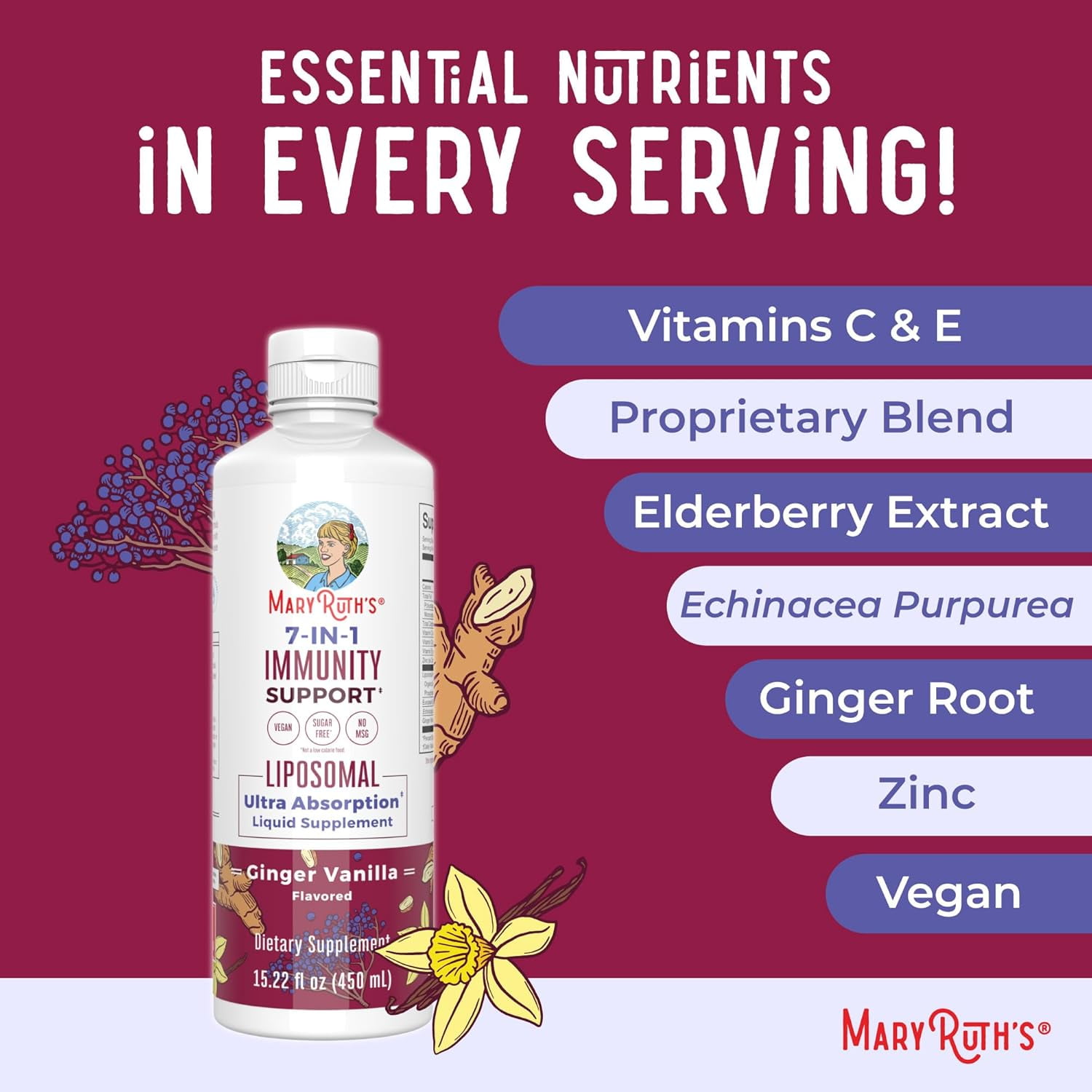 MaryRuth Organics 7-in-1 Immunity Support Liposomal Vitamin C D3 E Zinc Elderberry Echinacea Ginger 15.22 fl oz