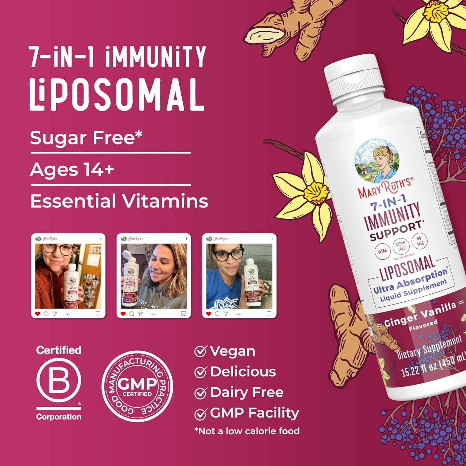 MaryRuth Organics 7-in-1 Immunity Support Liposomal Vitamin C D3 E Zinc Elderberry Echinacea Ginger 15.22 fl oz