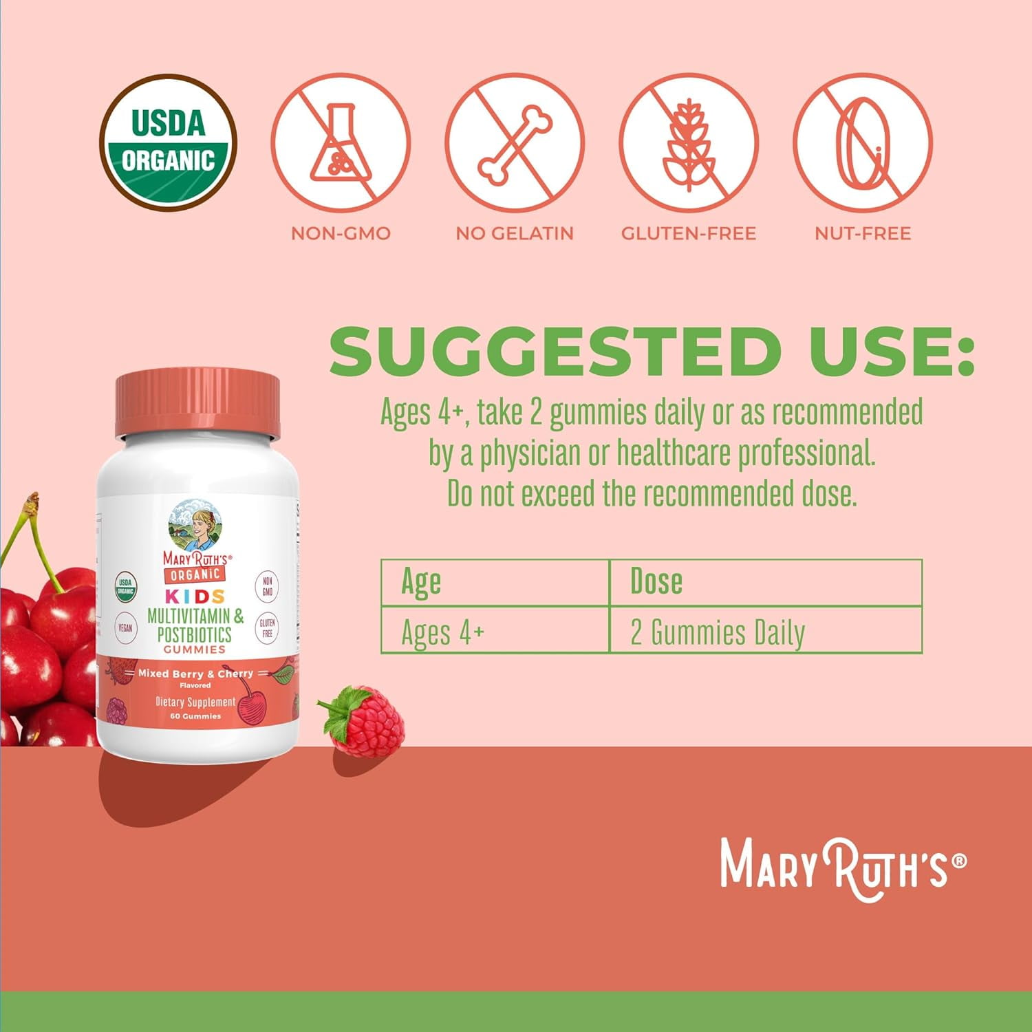 MaryRuth's USDA Organic Kids Multivitamin Gummies with Postbiotics - Vegan Non-GMO - Lactobacillus Rhamnosus - Ages 4+ - 60 Count
