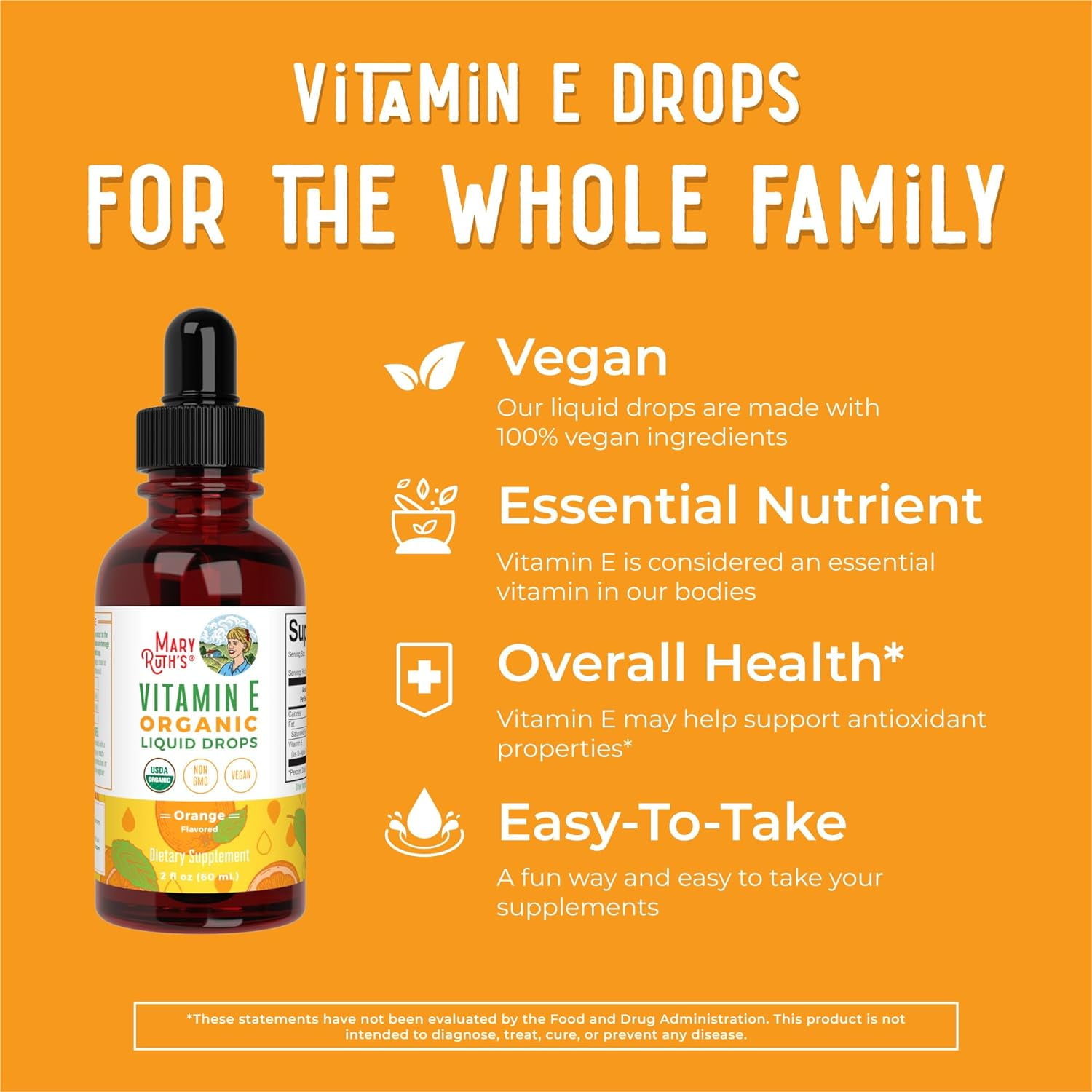 MaryRuths USDA Organic Vitamin E Liquid Drops Adults Kids Vegan Non-GMO Sugar Free 2 fl oz 60 ml