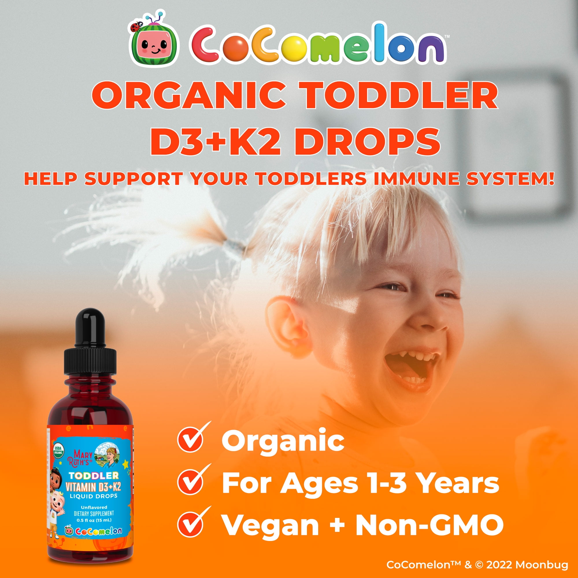 MaryRuths Cocomelon Toddler Vitamin D3 and K2 Liquid Drops Organic 05 fl oz