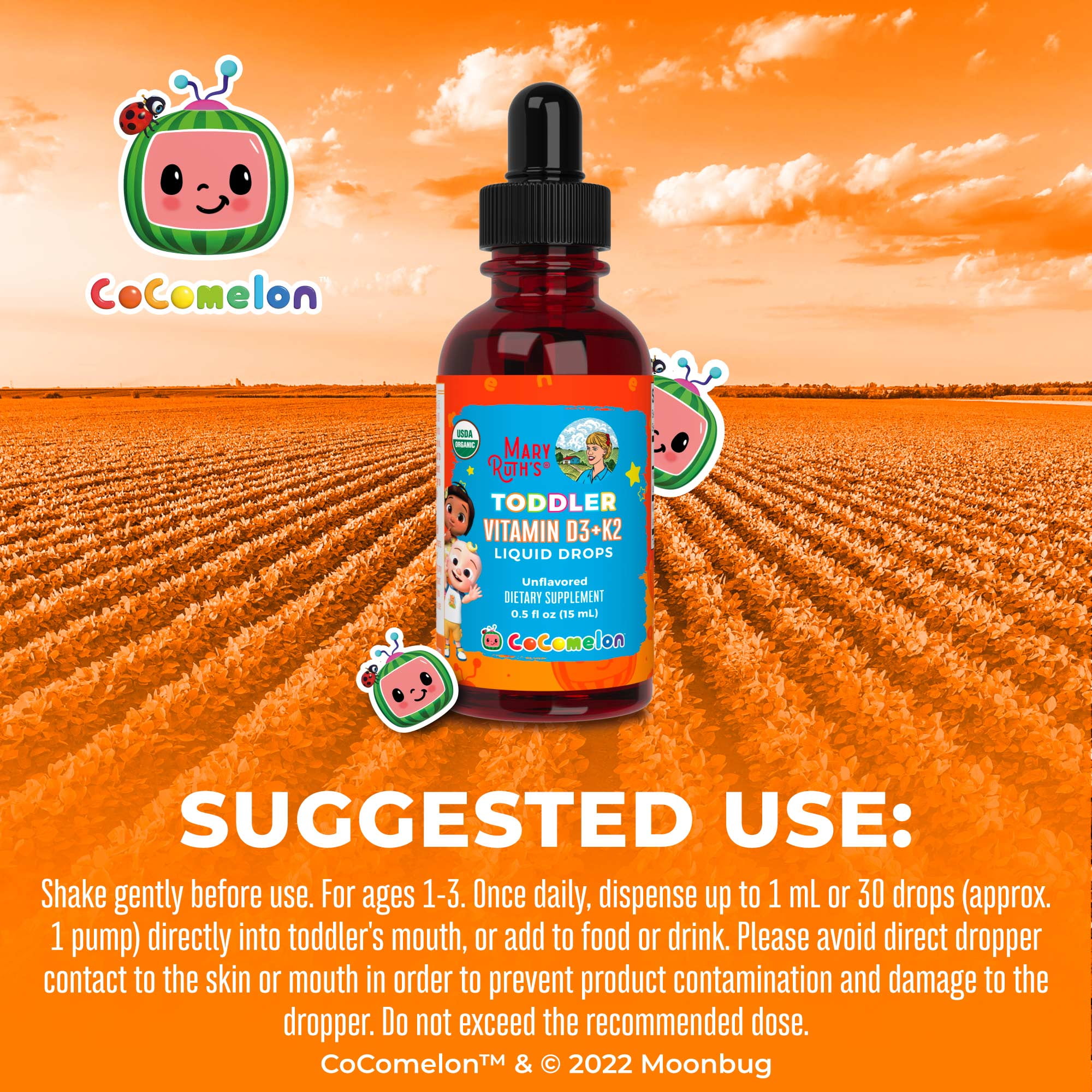 MaryRuths Cocomelon Toddler Vitamin D3 and K2 Liquid Drops Organic 05 fl oz
