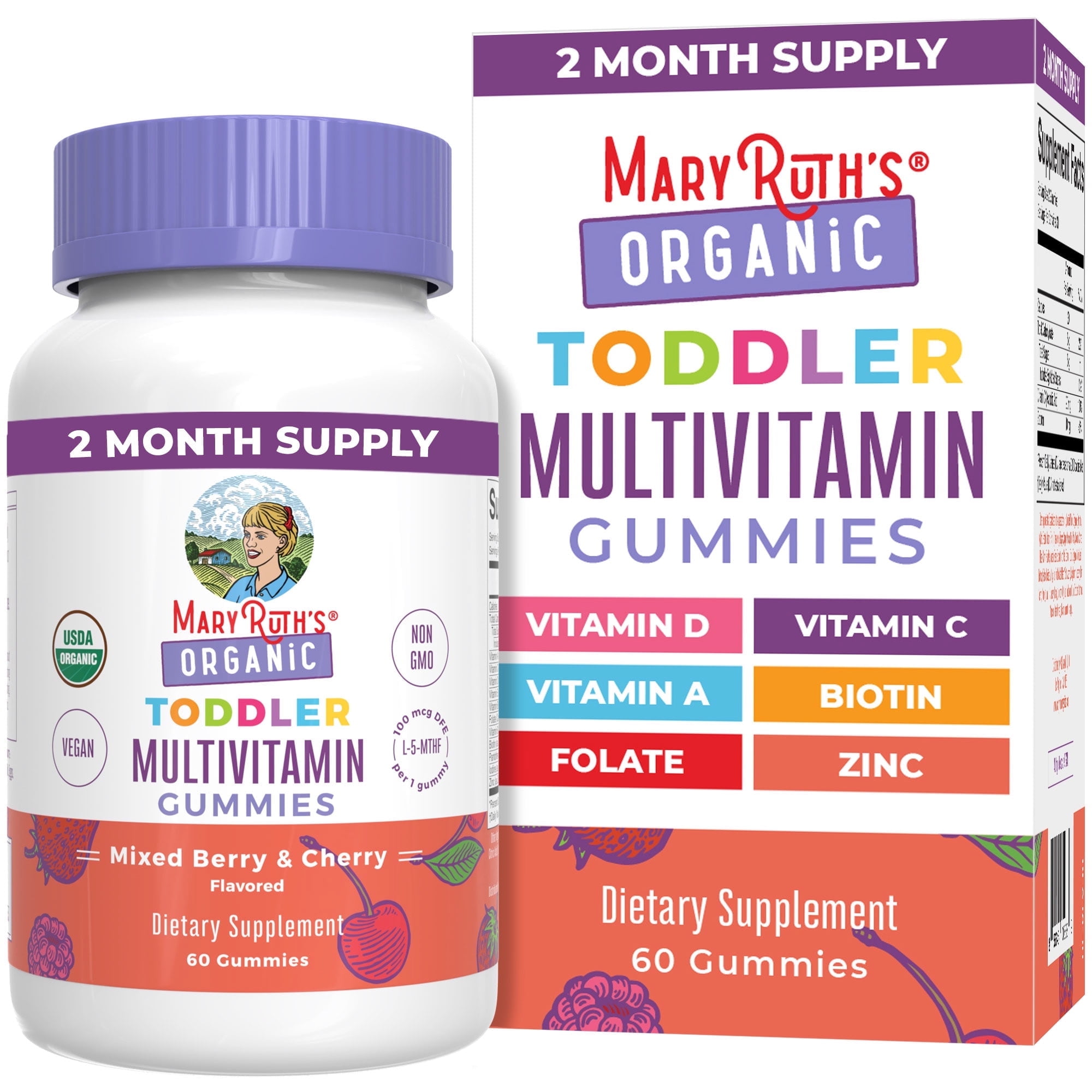 MaryRuths Toddler Organic Multivitamin Gummies Mixed Berry Cherry 60 count Overall Wellness Clean Label Project Certified