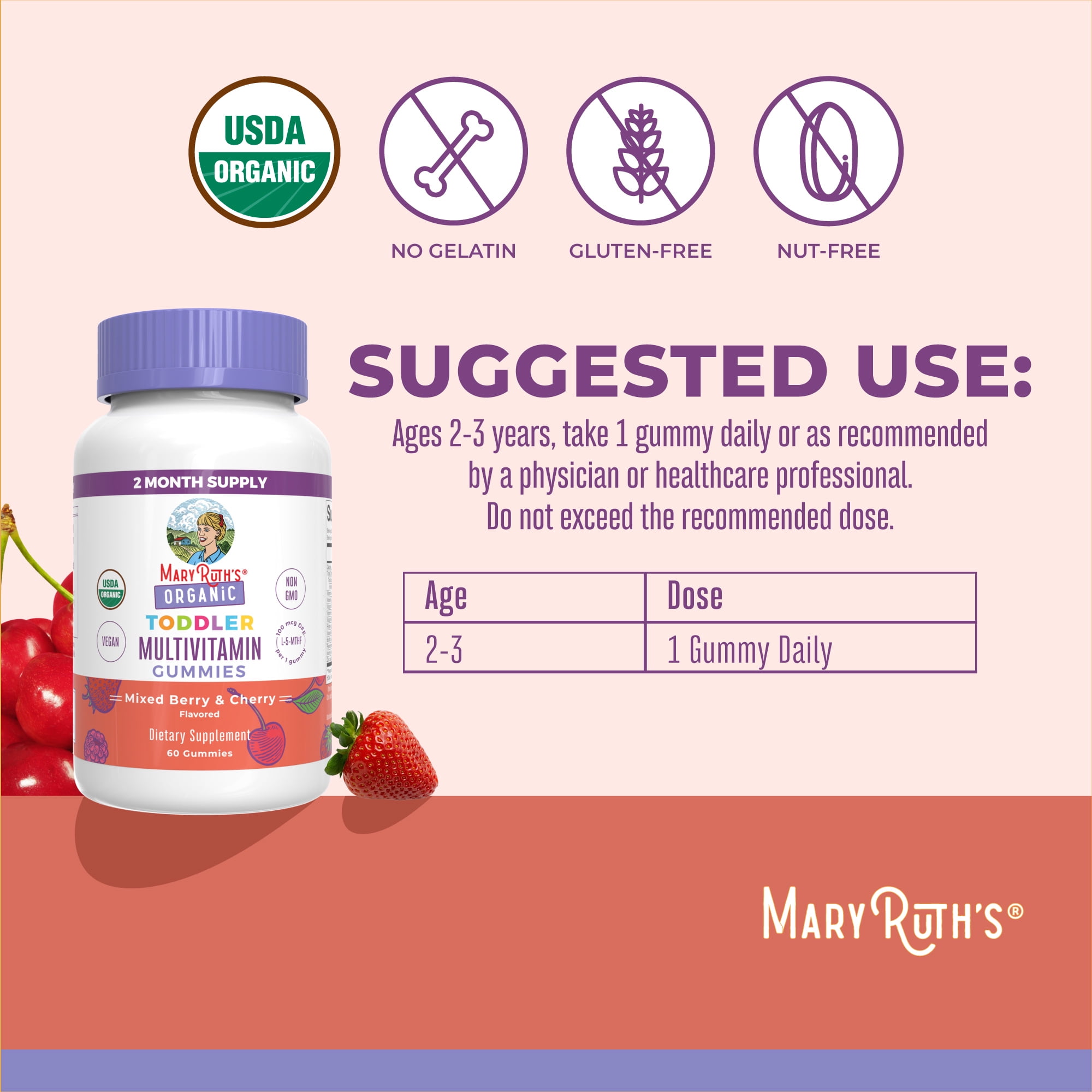 MaryRuths Toddler Organic Multivitamin Gummies Mixed Berry Cherry 60 count Overall Wellness Clean Label Project Certified