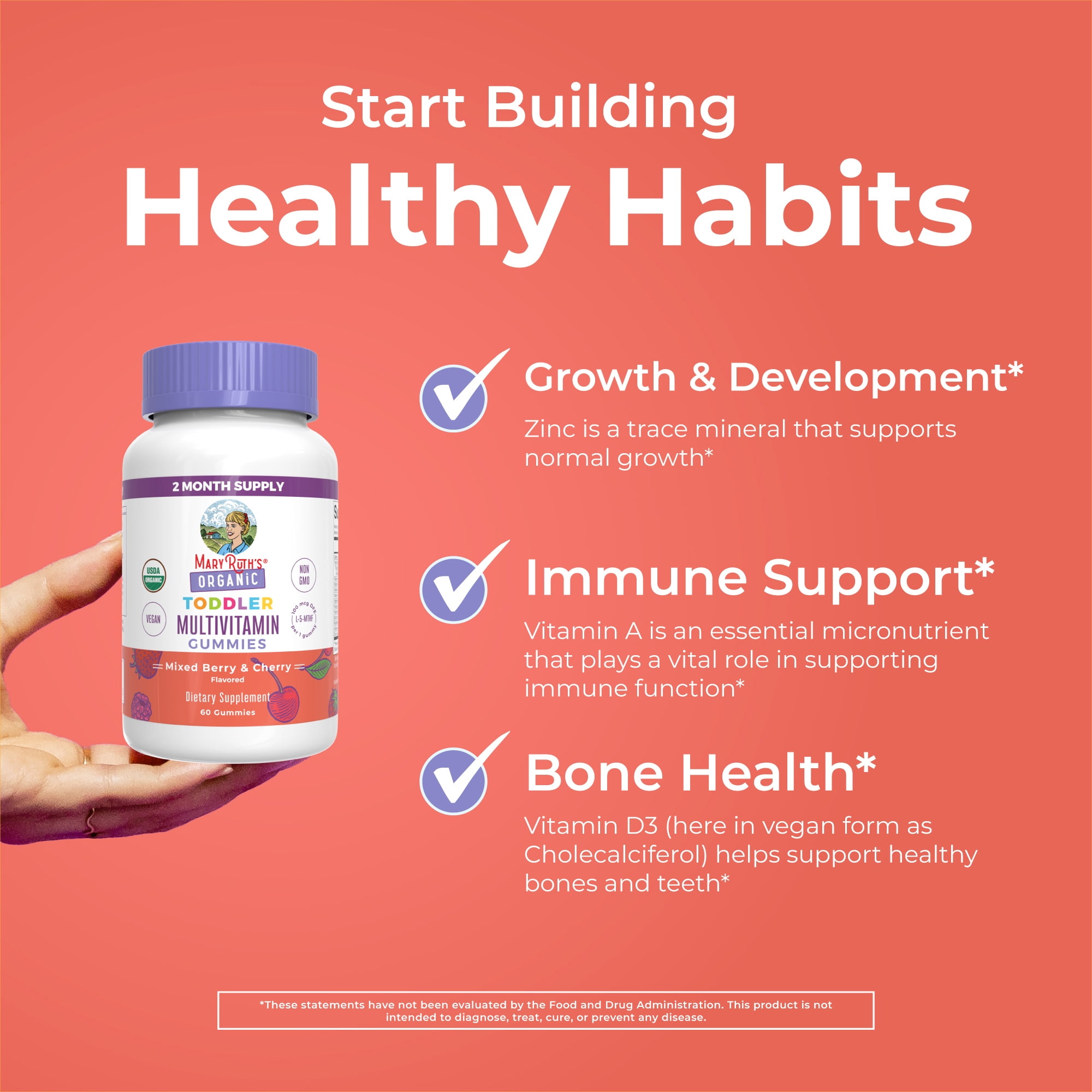 MaryRuths Toddler Organic Multivitamin Gummies Mixed Berry Cherry 60 count Overall Wellness Clean Label Project Certified