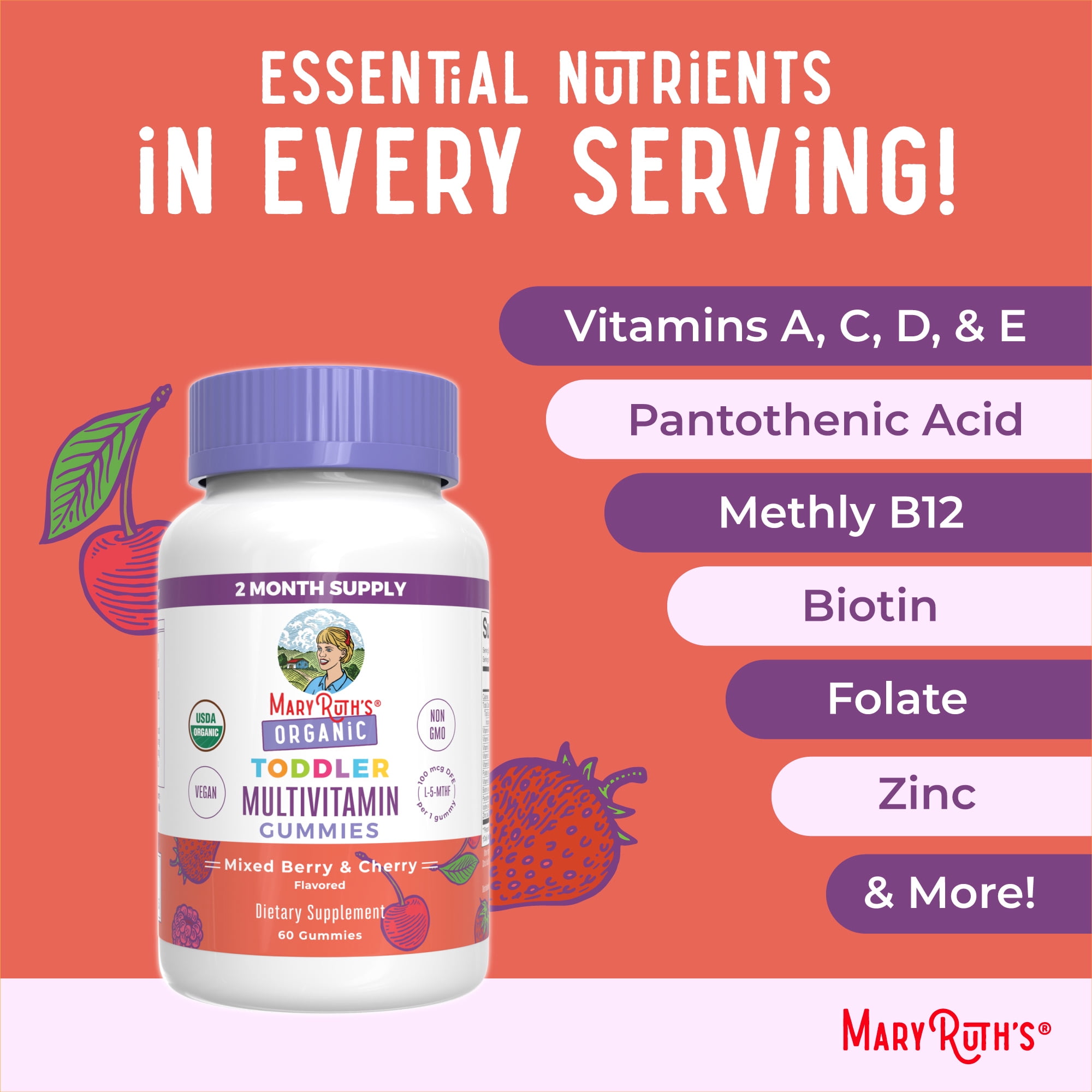 MaryRuths Toddler Organic Multivitamin Gummies Mixed Berry Cherry 60 count Overall Wellness Clean Label Project Certified