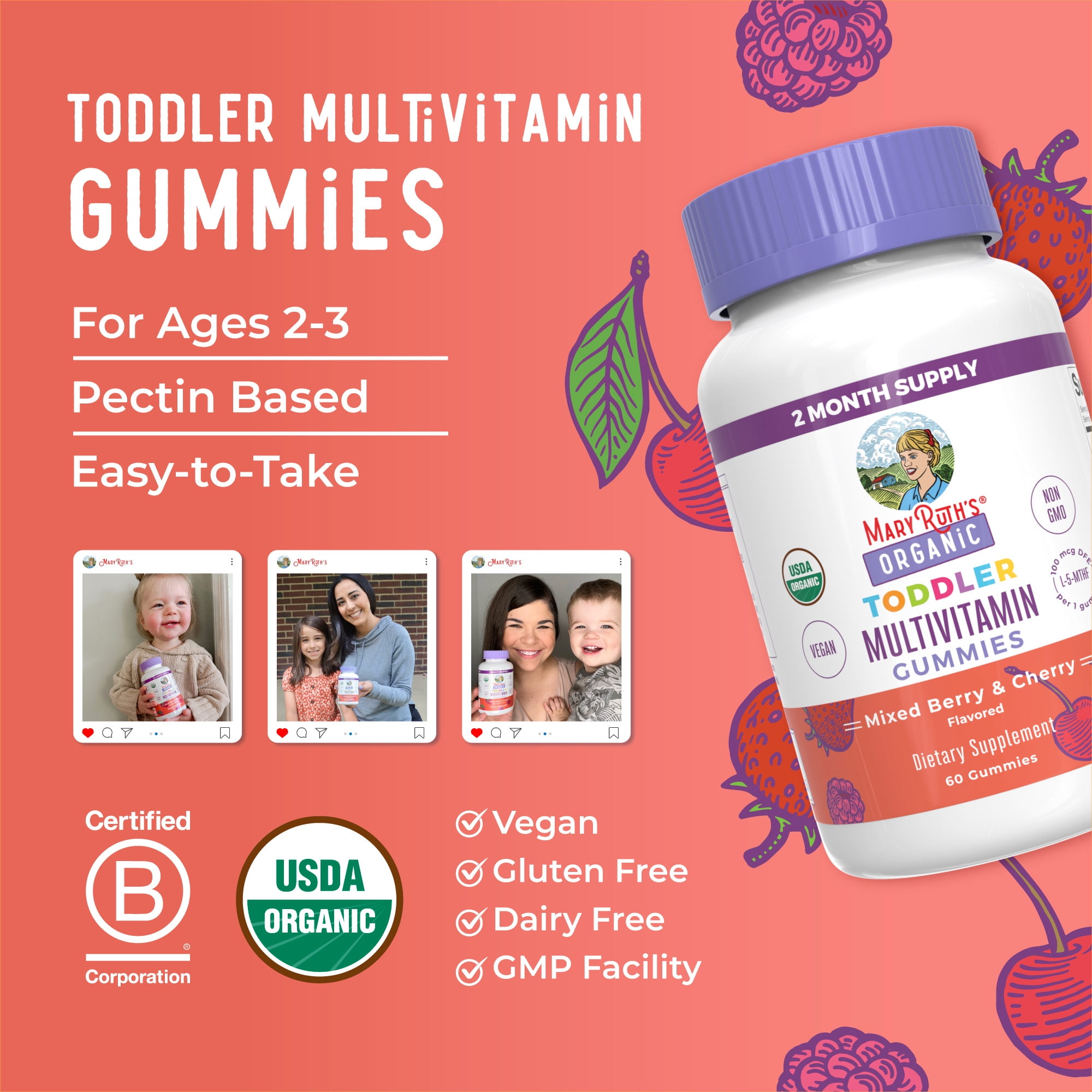 MaryRuths Toddler Organic Multivitamin Gummies Mixed Berry Cherry 60 count Overall Wellness Clean Label Project Certified