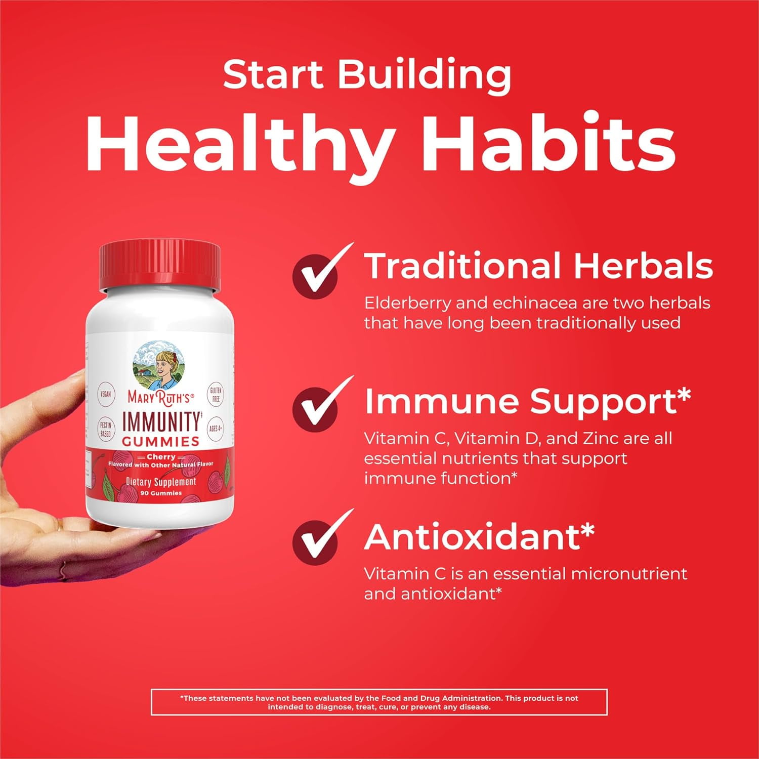 MaryRuth Elderberry Immune Support Gummies for Adults & Kids with Echinacea Vitamin C D Vegan Non-GMO Cherry Flavored 90 Gummies