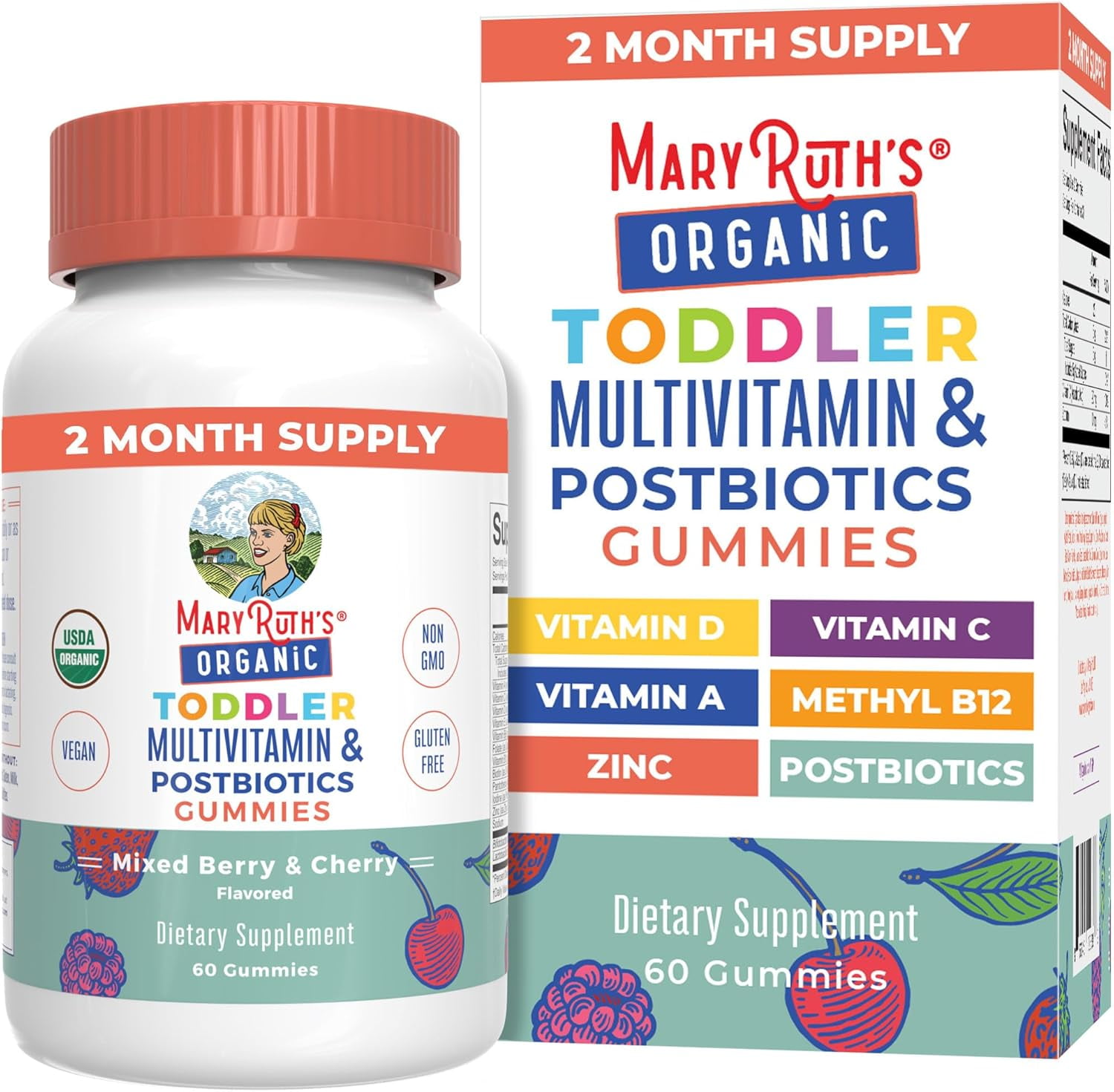 MaryRuth Organics Multivitamin Gummies Postbiotics Ages 2-3 Immune Support Organic Vegan Non-GMO Mixed Berry Cherry 60 Count