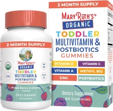 MaryRuth Organics Multivitamin Gummies Postbiotics Ages 2-3 Immune Support Organic Vegan Non-GMO Mixed Berry Cherry 60 Count