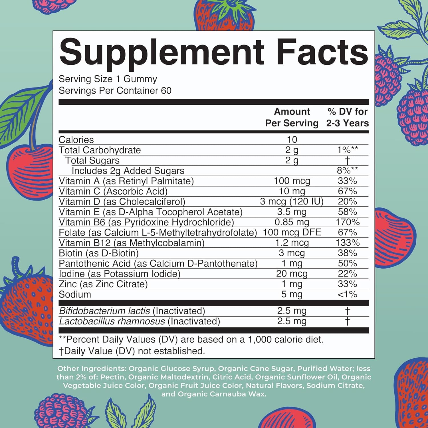 MaryRuth Organics Multivitamin Gummies Postbiotics Ages 2-3 Immune Support Organic Vegan Non-GMO Mixed Berry Cherry 60 Count
