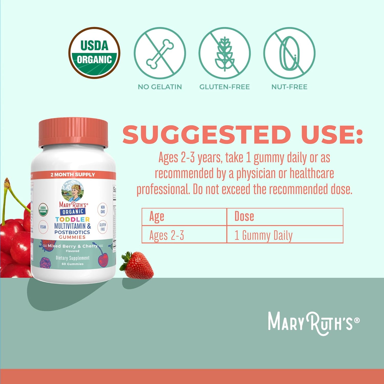 MaryRuth Organics Multivitamin Gummies Postbiotics Ages 2-3 Immune Support Organic Vegan Non-GMO Mixed Berry Cherry 60 Count