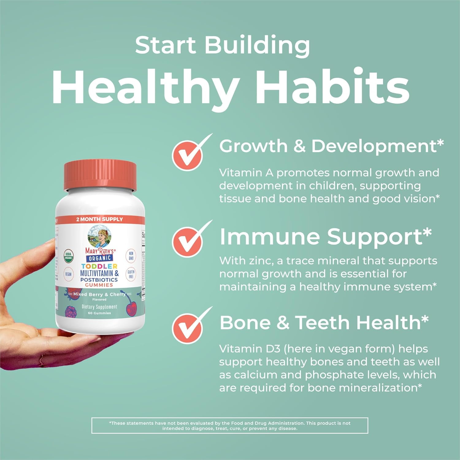 MaryRuth Organics Multivitamin Gummies Postbiotics Ages 2-3 Immune Support Organic Vegan Non-GMO Mixed Berry Cherry 60 Count