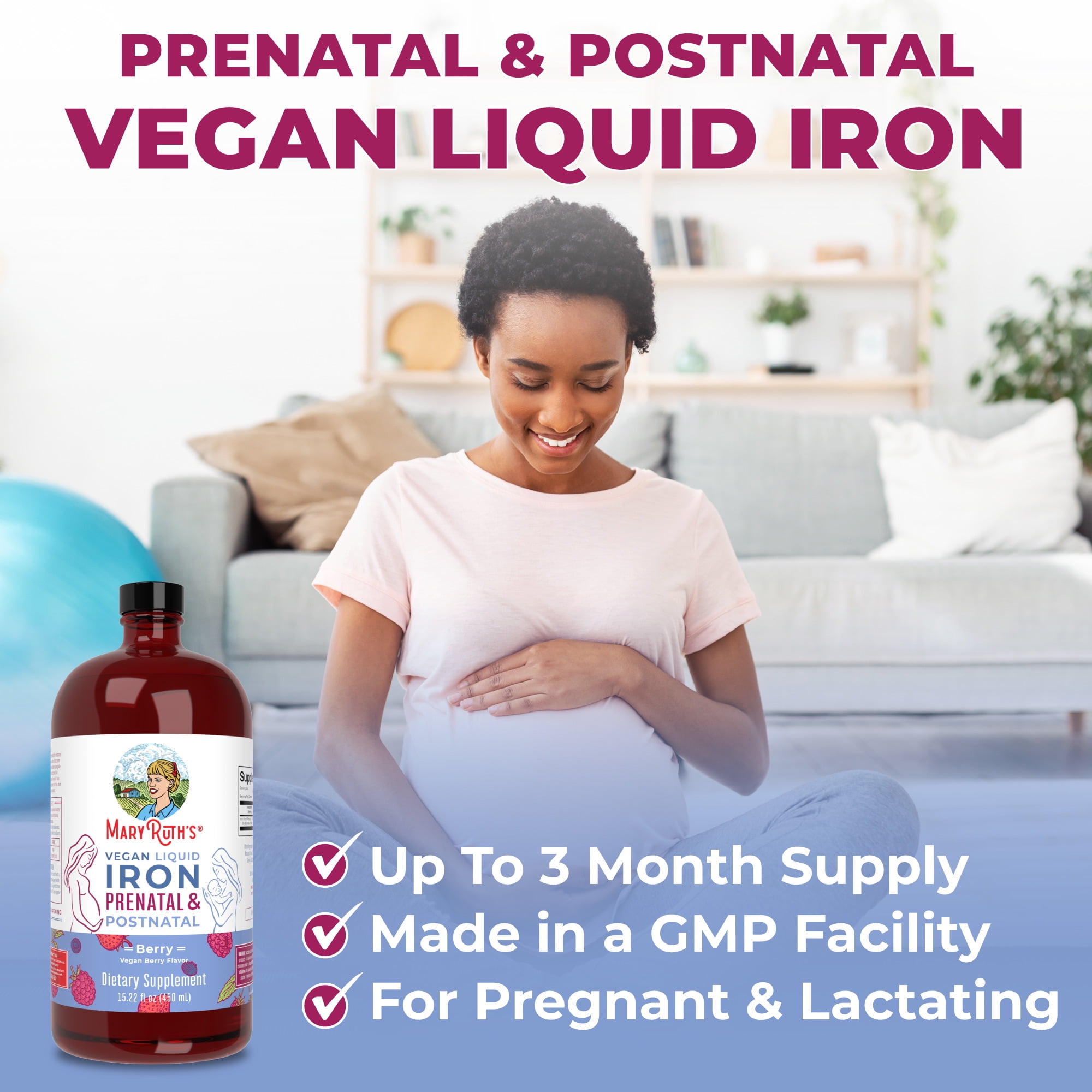 MaryRuth Organics Prenatal Postnatal Iron Liquid Berry 15.22 oz for Enhanced Health