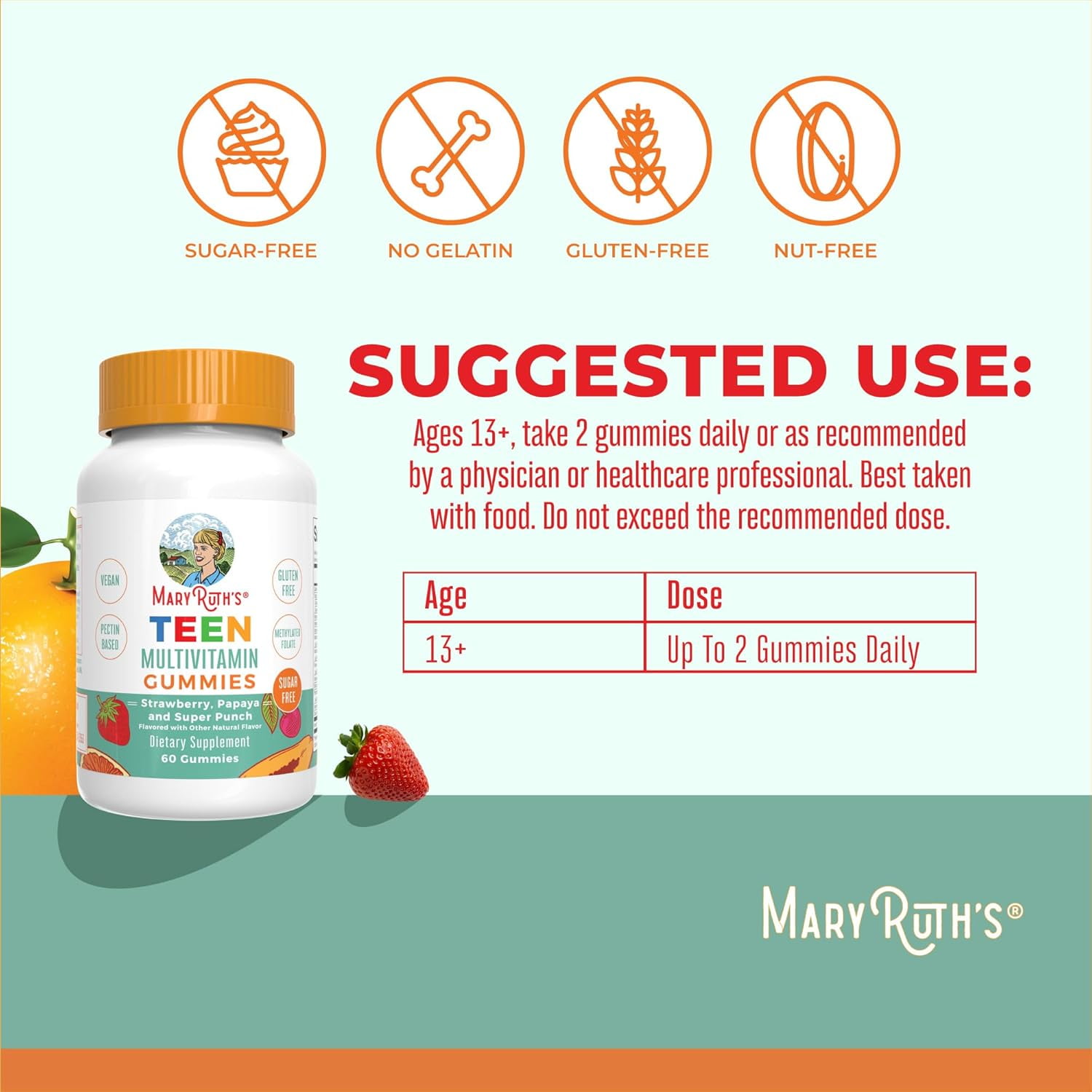 MaryRuth Organics Teen Multivitamin Gummies with C, D, E, B Vitamins, Biotin, Zinc - 60 Count