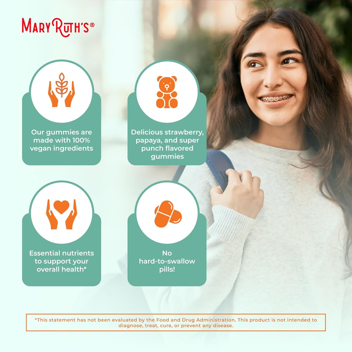 MaryRuth Organics Teen Multivitamin Gummies with C, D, E, B Vitamins, Biotin, Zinc - 60 Count