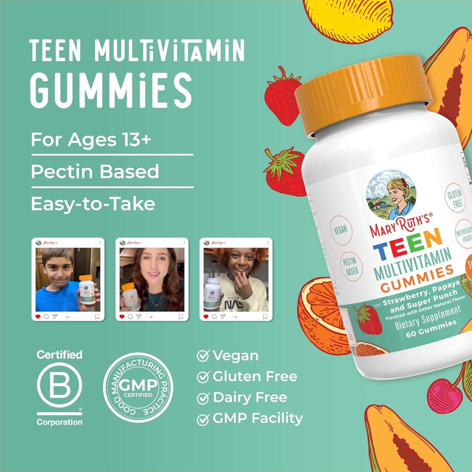 MaryRuth Organics Teen Multivitamin Gummies with C, D, E, B Vitamins, Biotin, Zinc - 60 Count