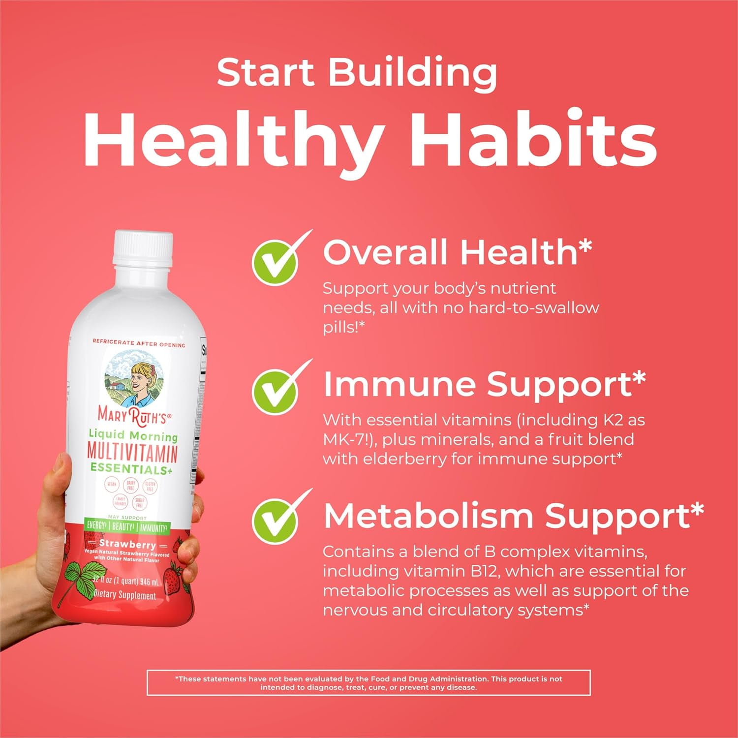 MaryRuth Organics Morning Liquid Multivitamin Immune Support Strawberry No Added Sugar 32 fl oz 946ml