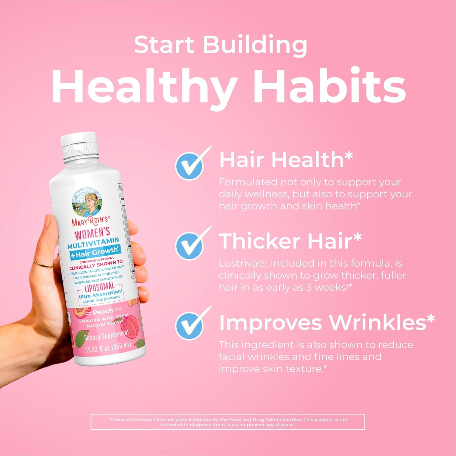 MaryRuth's Multivitamin Lustriva Hair Growth Liposomal Adults Biotin Vitamin D B Vitamins Thicker Hair Wrinkles Fine Lines Skin Care Women's Health 15 fl oz