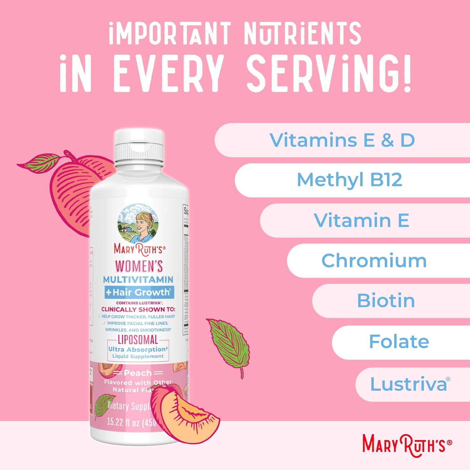 MaryRuth's Multivitamin Lustriva Hair Growth Liposomal Adults Biotin Vitamin D B Vitamins Thicker Hair Wrinkles Fine Lines Skin Care Women's Health 15 fl oz