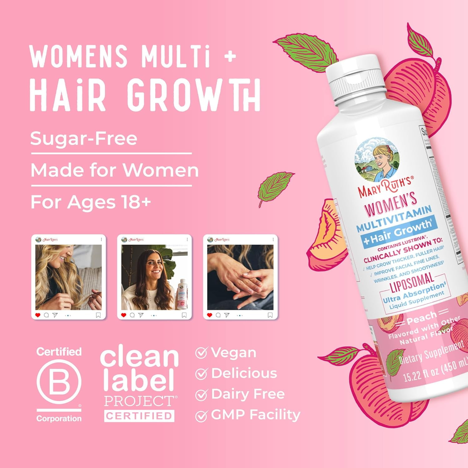 MaryRuth's Multivitamin Lustriva Hair Growth Liposomal Adults Biotin Vitamin D B Vitamins Thicker Hair Wrinkles Fine Lines Skin Care Women's Health 15 fl oz