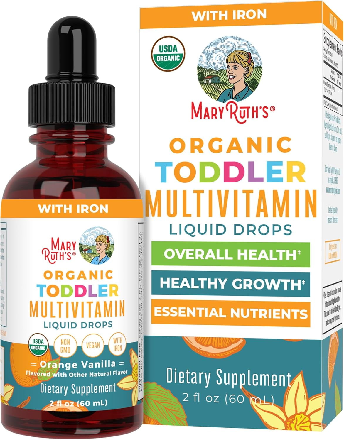 MaryRuths Organic Toddler Multivitamin Liquid Drops Iron Orange Vanilla Vegan Non-GMO 2 fl oz 60 ml Overall Wellness