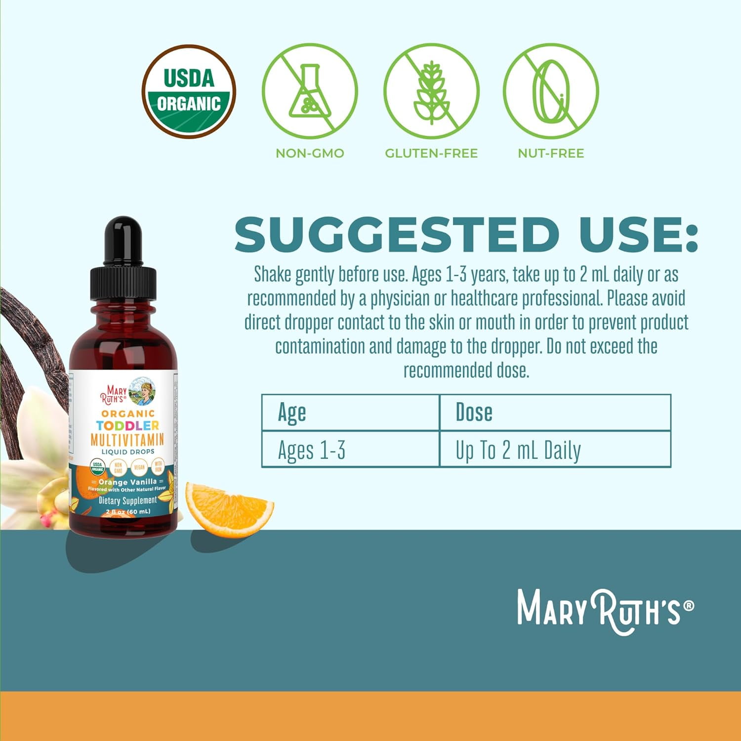 MaryRuths Organic Toddler Multivitamin Liquid Drops Iron Orange Vanilla Vegan Non-GMO 2 fl oz 60 ml Overall Wellness