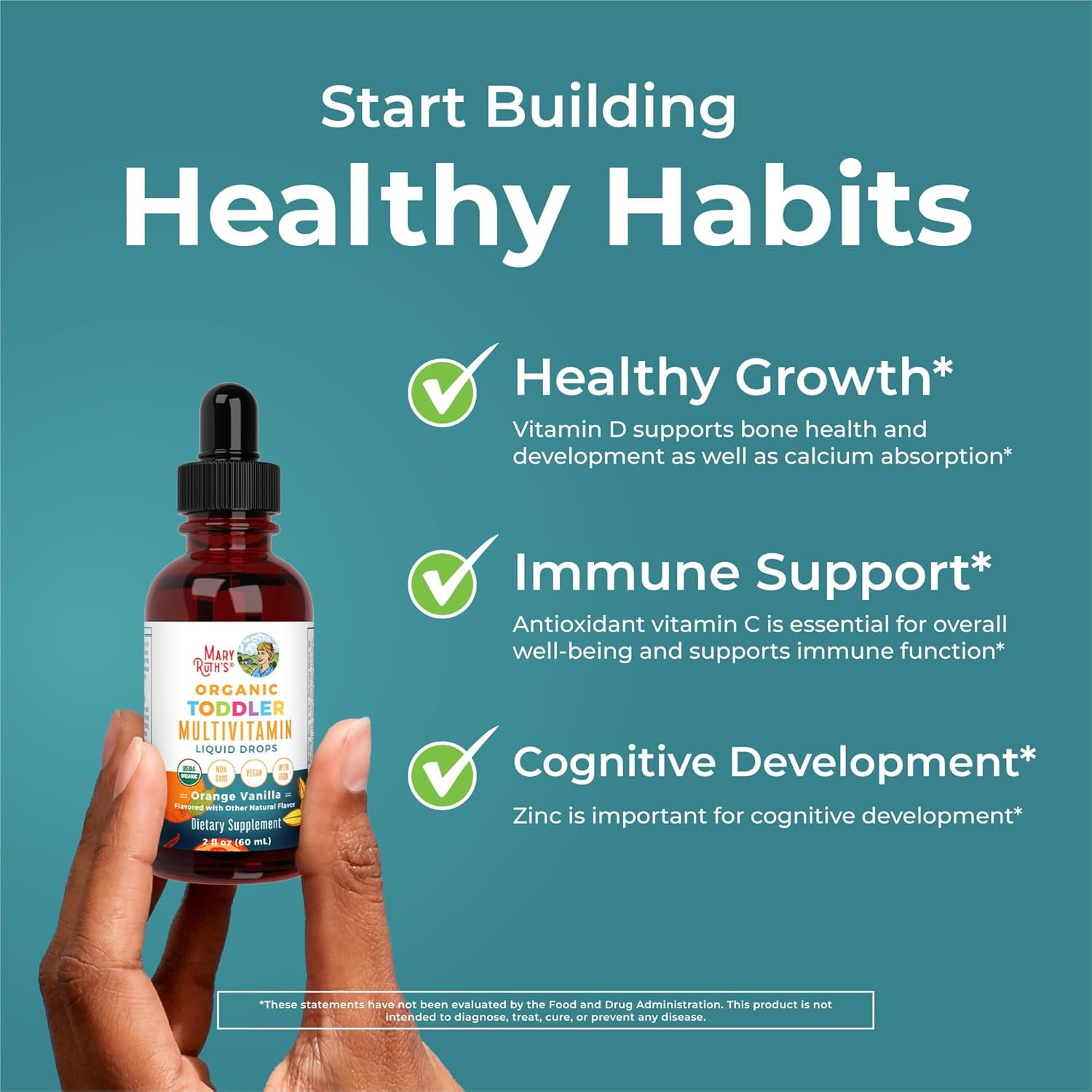 MaryRuths Organic Toddler Multivitamin Liquid Drops Iron Orange Vanilla Vegan Non-GMO 2 fl oz 60 ml Overall Wellness