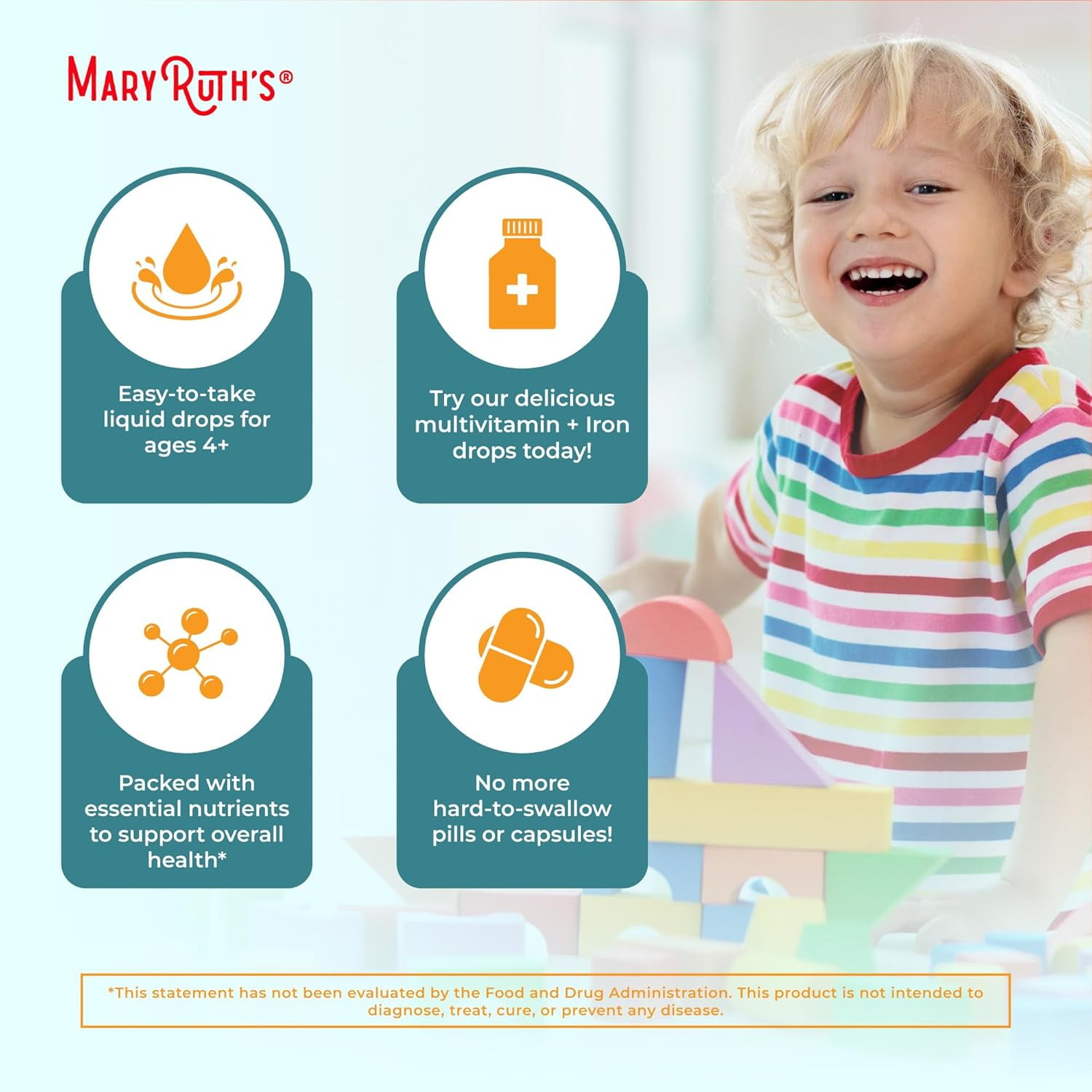 MaryRuths Organic Toddler Multivitamin Liquid Drops Iron Orange Vanilla Vegan Non-GMO 2 fl oz 60 ml Overall Wellness