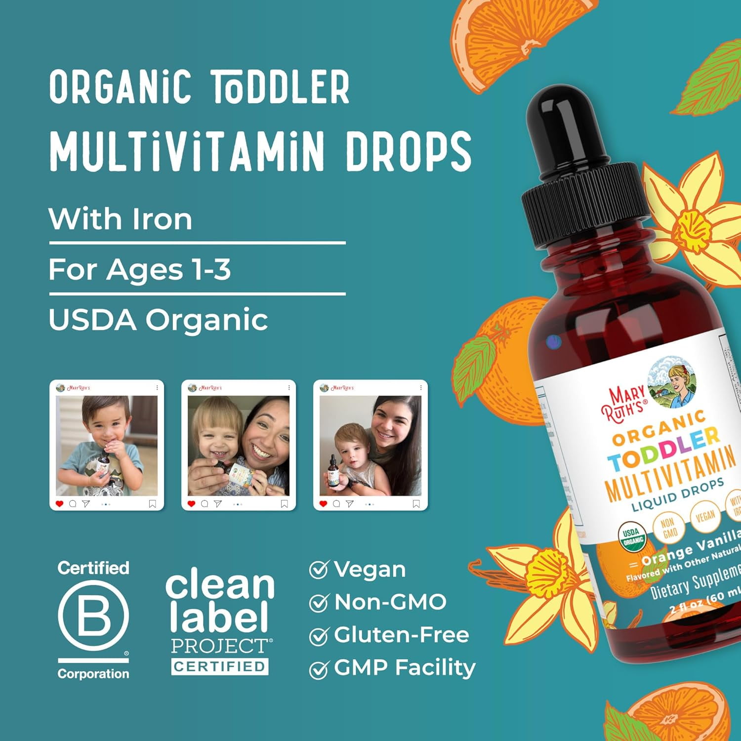MaryRuths Organic Toddler Multivitamin Liquid Drops Iron Orange Vanilla Vegan Non-GMO 2 fl oz 60 ml Overall Wellness
