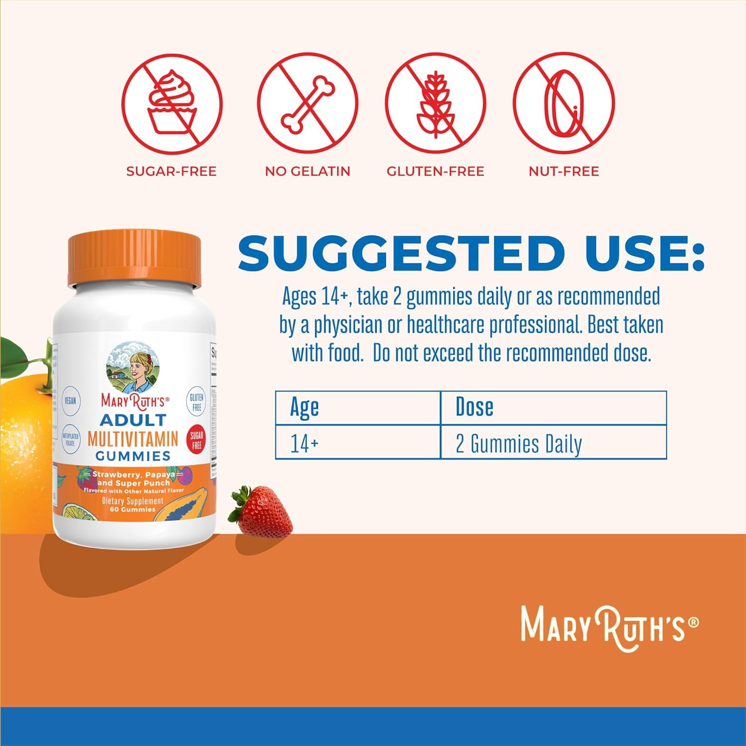 MaryRuth Organics Adult Multivitamin Gummies Strawberry Papaya Super Punch Flavors Vegan Sugar Free 60 Count Overall Wellness