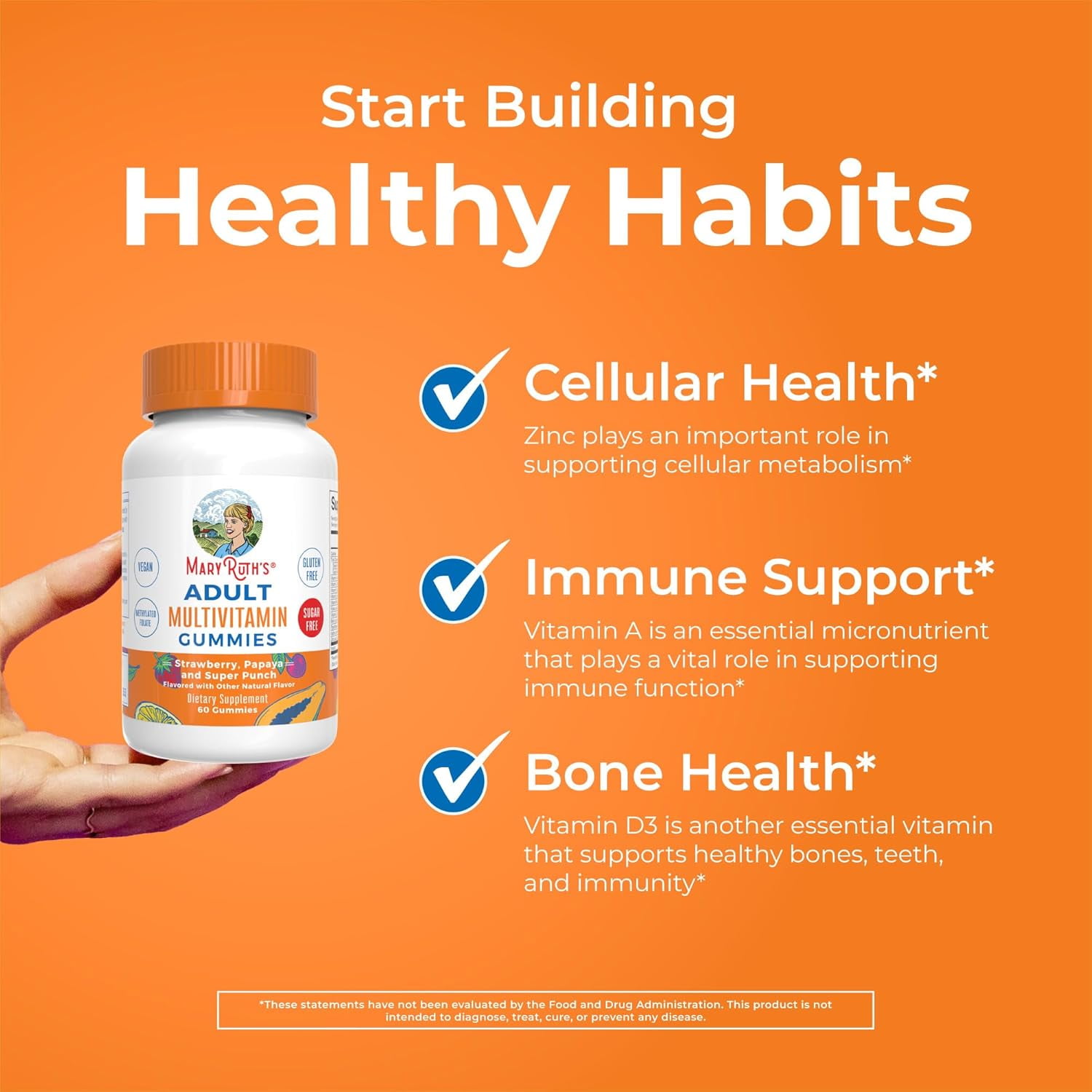 MaryRuth Organics Adult Multivitamin Gummies Strawberry Papaya Super Punch Flavors Vegan Sugar Free 60 Count Overall Wellness