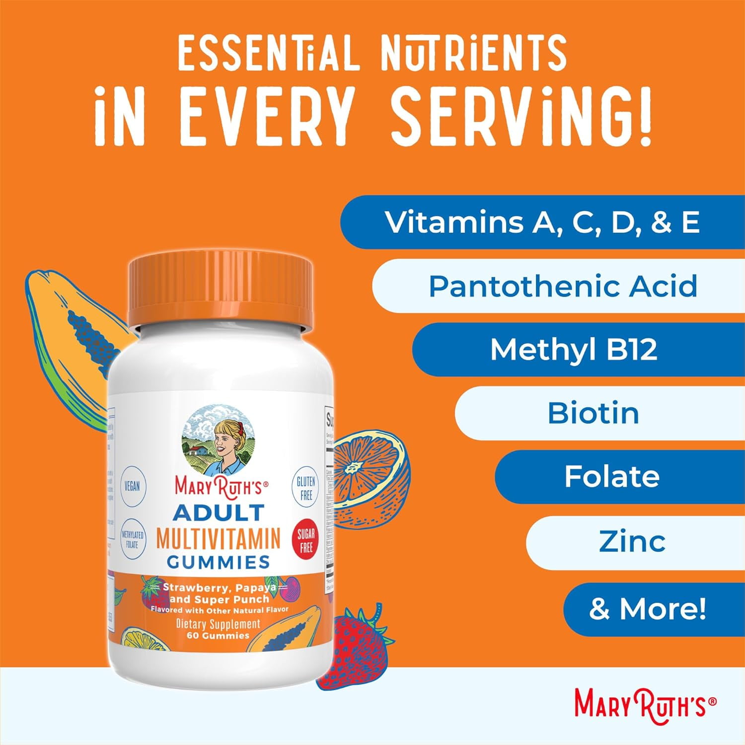 MaryRuth Organics Adult Multivitamin Gummies Strawberry Papaya Super Punch Flavors Vegan Sugar Free 60 Count Overall Wellness