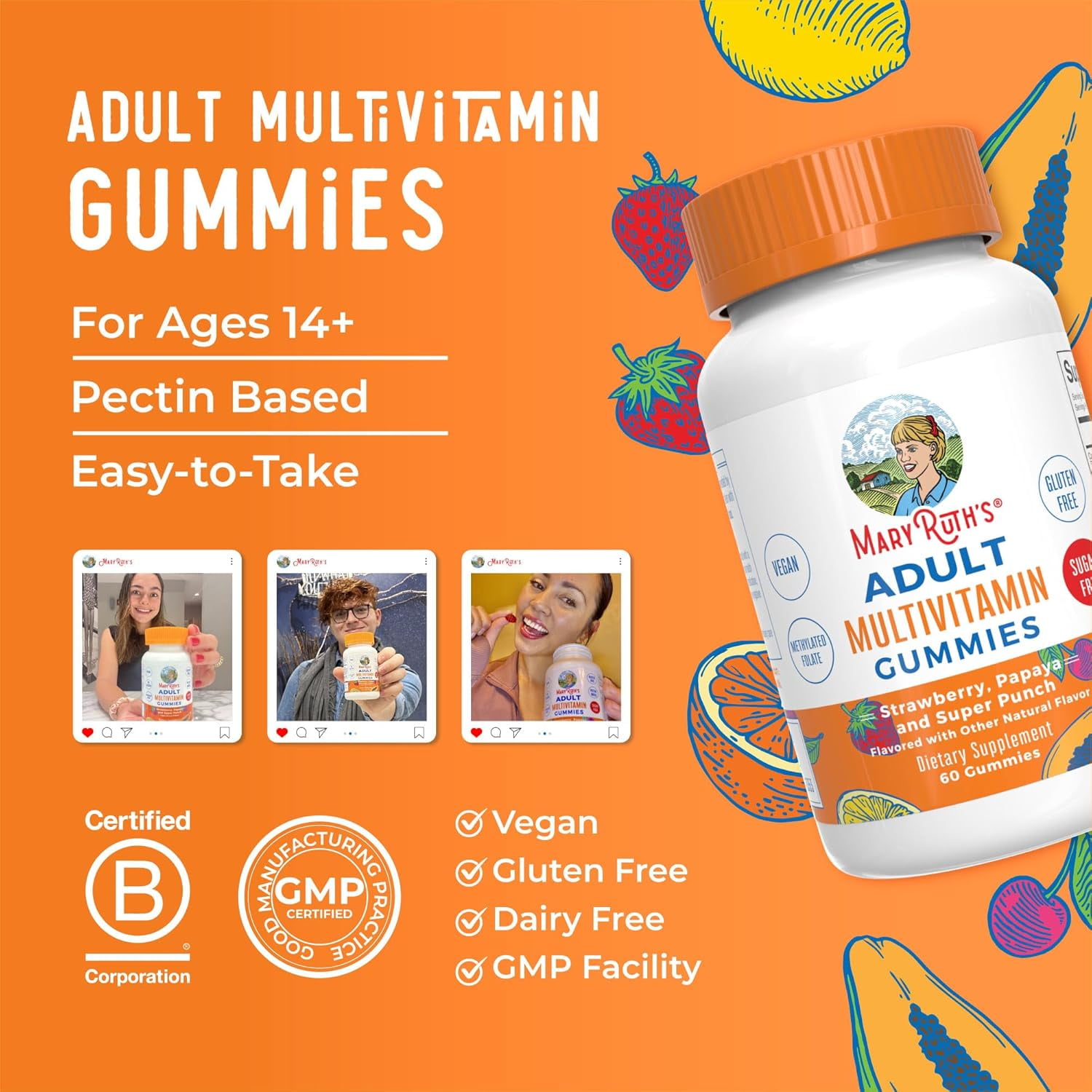 MaryRuth Organics Adult Multivitamin Gummies Strawberry Papaya Super Punch Flavors Vegan Sugar Free 60 Count Overall Wellness