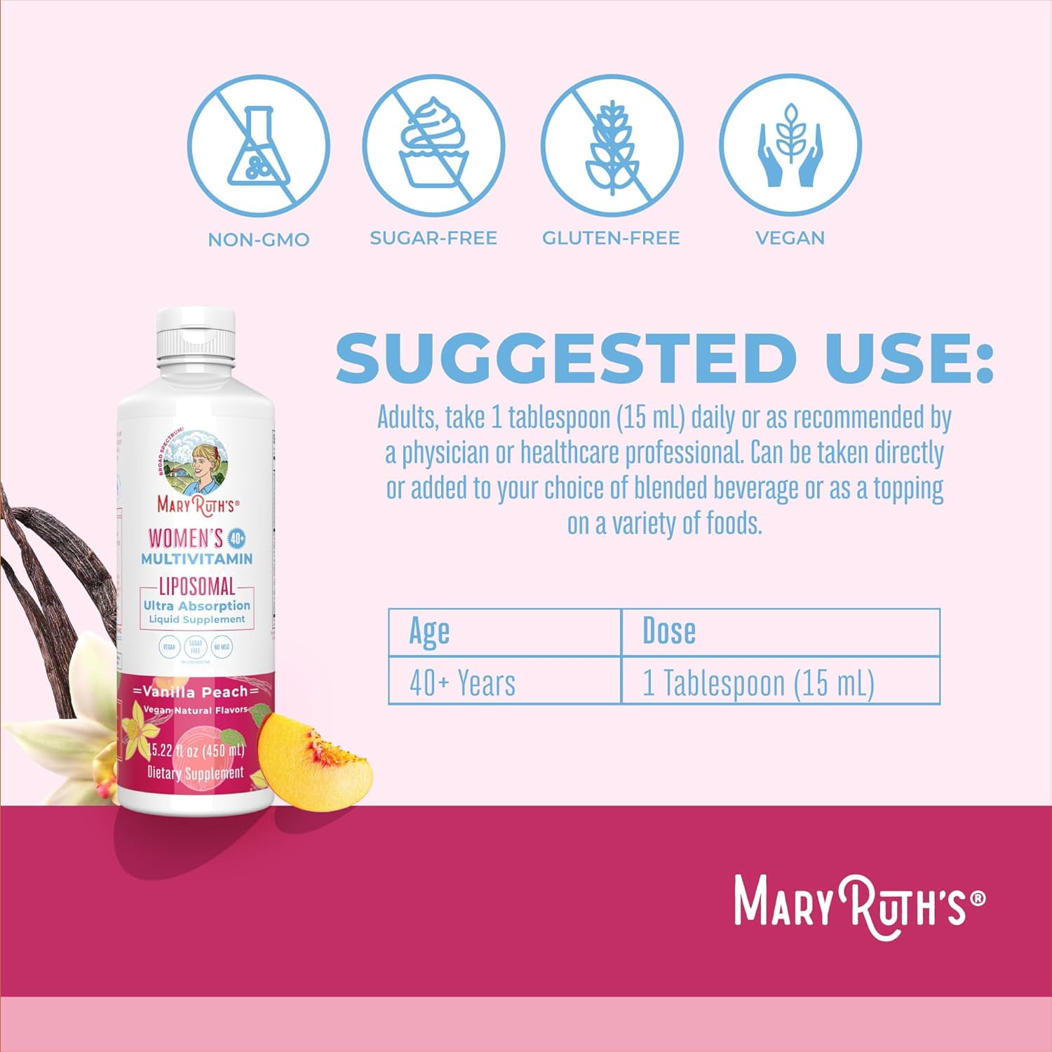 MaryRuth's Organic Women's Multivitamin Liposomal Hormonal & Immune Support Vanilla Peach Sugar Free Vegan 15.22 fl oz