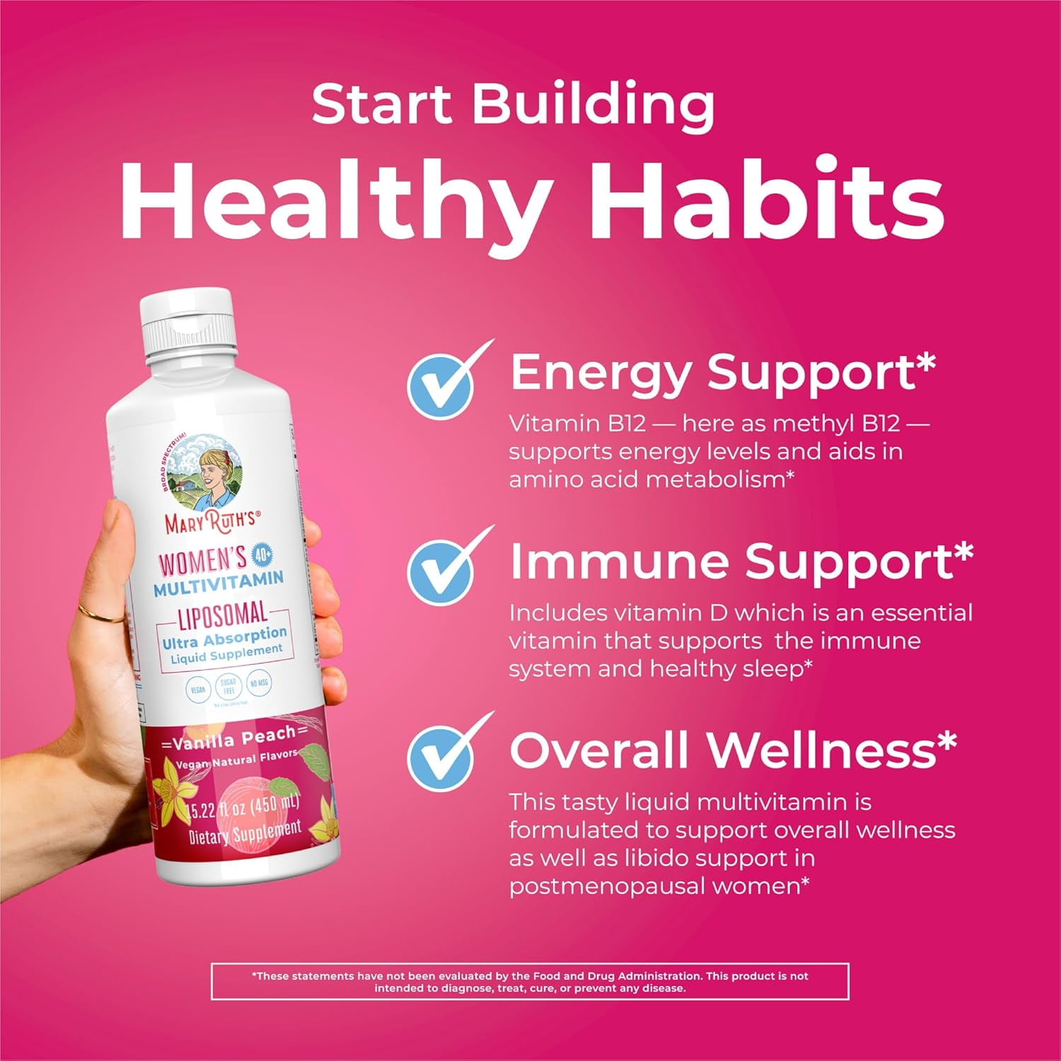 MaryRuth's Organic Women's Multivitamin Liposomal Hormonal & Immune Support Vanilla Peach Sugar Free Vegan 15.22 fl oz