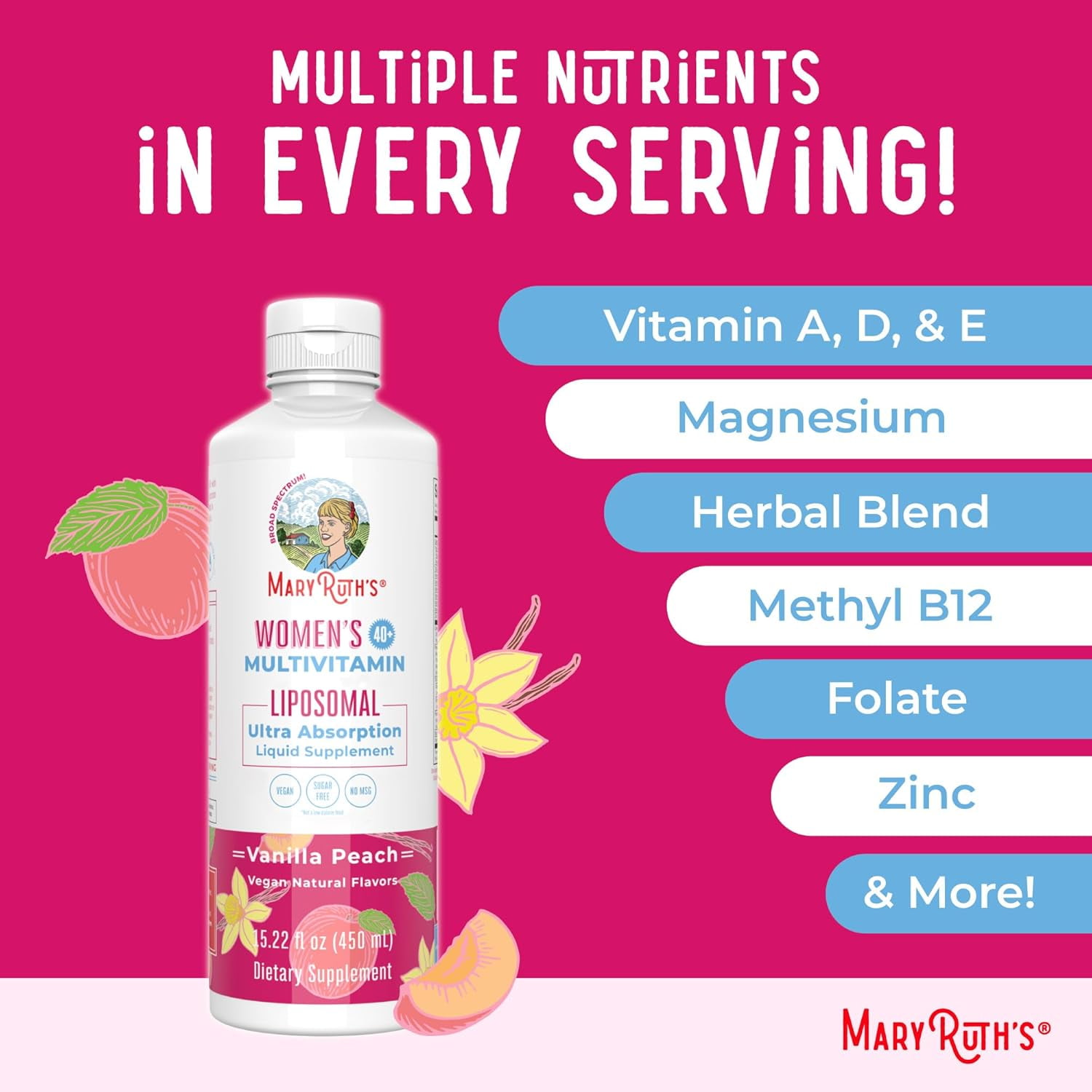 MaryRuth's Organic Women's Multivitamin Liposomal Hormonal & Immune Support Vanilla Peach Sugar Free Vegan 15.22 fl oz