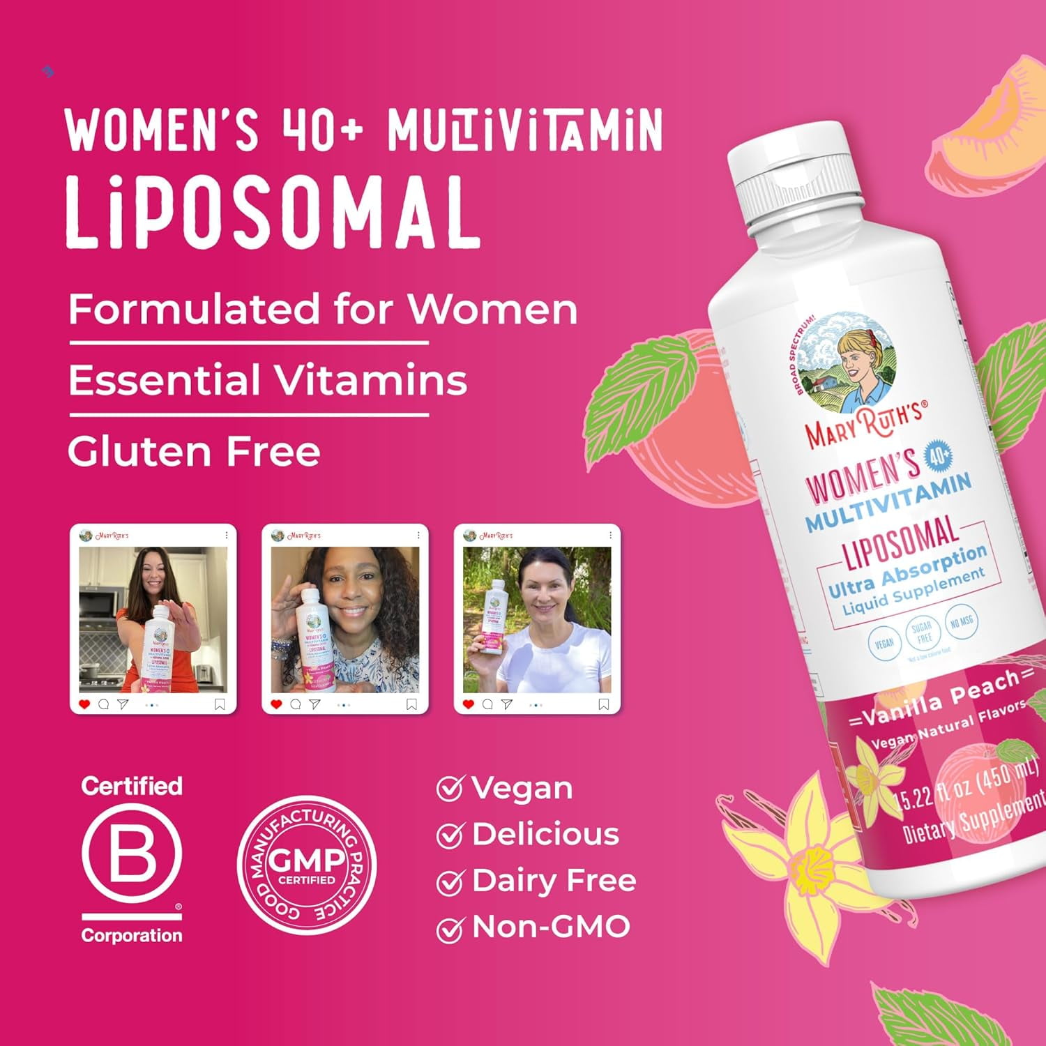 MaryRuth's Organic Women's Multivitamin Liposomal Hormonal & Immune Support Vanilla Peach Sugar Free Vegan 15.22 fl oz