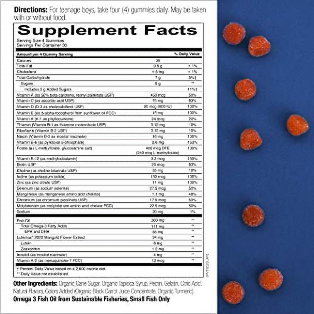 SmartyPants Teen Guy Daily Multivitamin Gummies with Vitamins C B12 K Zinc Biotin for Immune Support Energy Skin Hair Assorted Fruit Flavor 120 Gummies