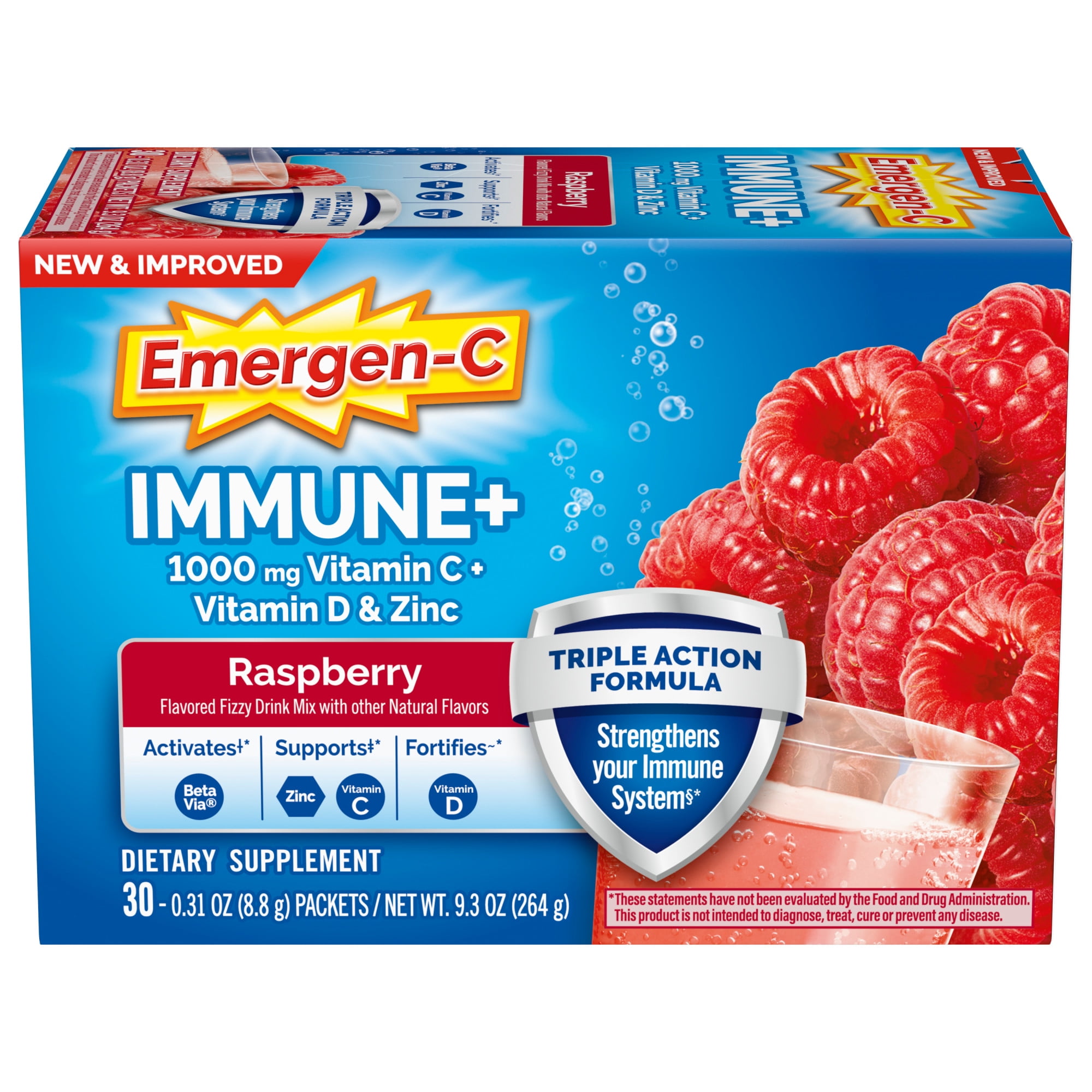 Emergen-C Immune+ Vitamin C Supplement Powder Immune Support Adults Raspberry 30 Ct