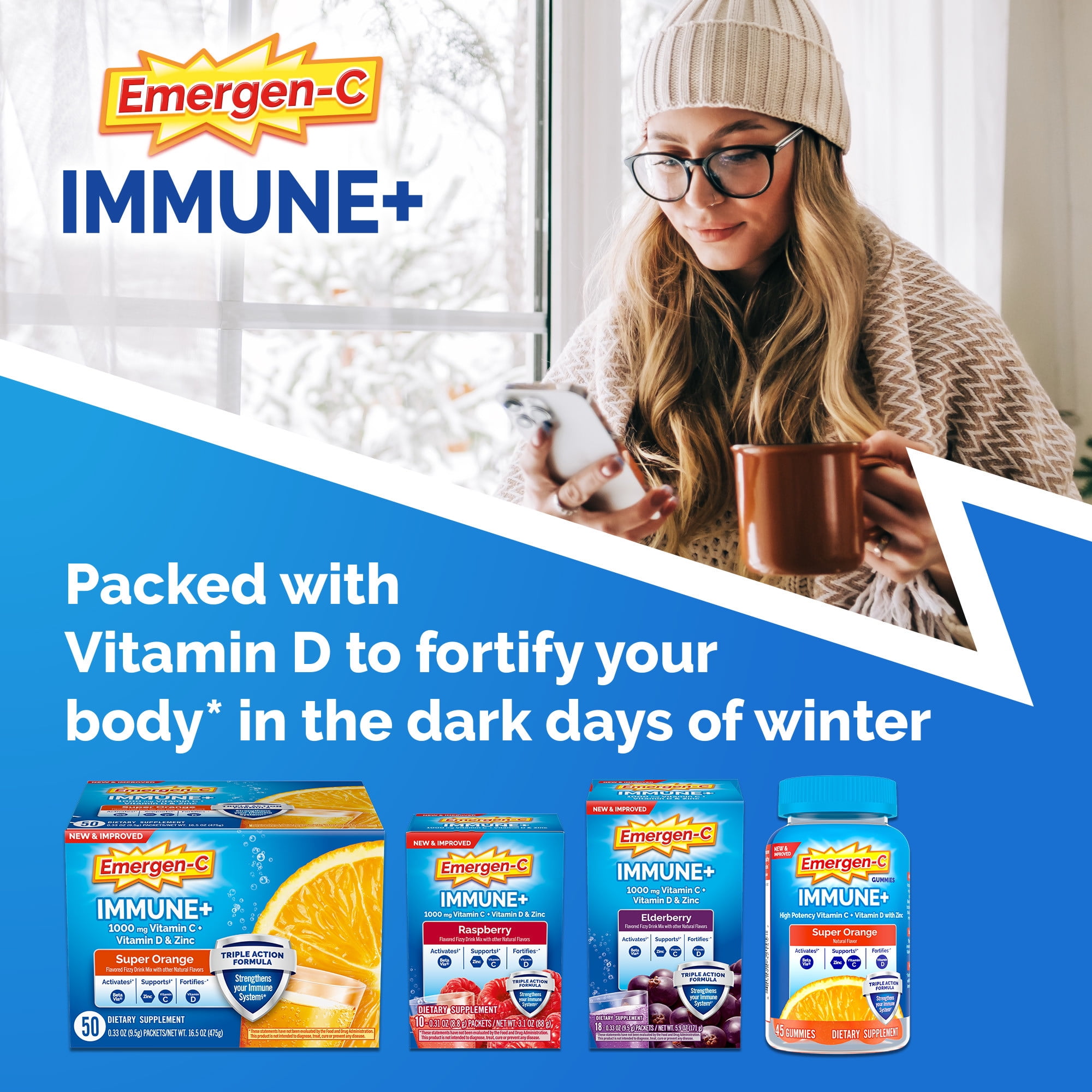 Emergen-C Immune+ Vitamin C Supplement Powder Immune Support Adults Raspberry 30 Ct