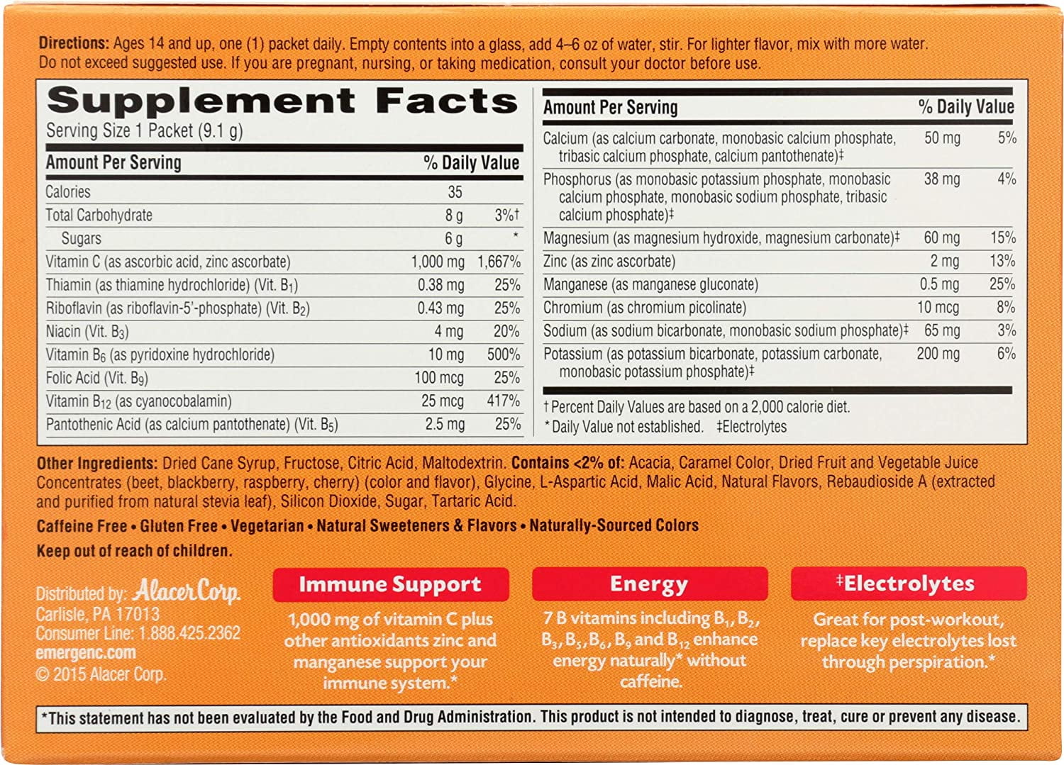 Emergen-C Vitamin C Drink Mix Packets Raspberry 30 Each for Healthy Immune Support 2 Pack